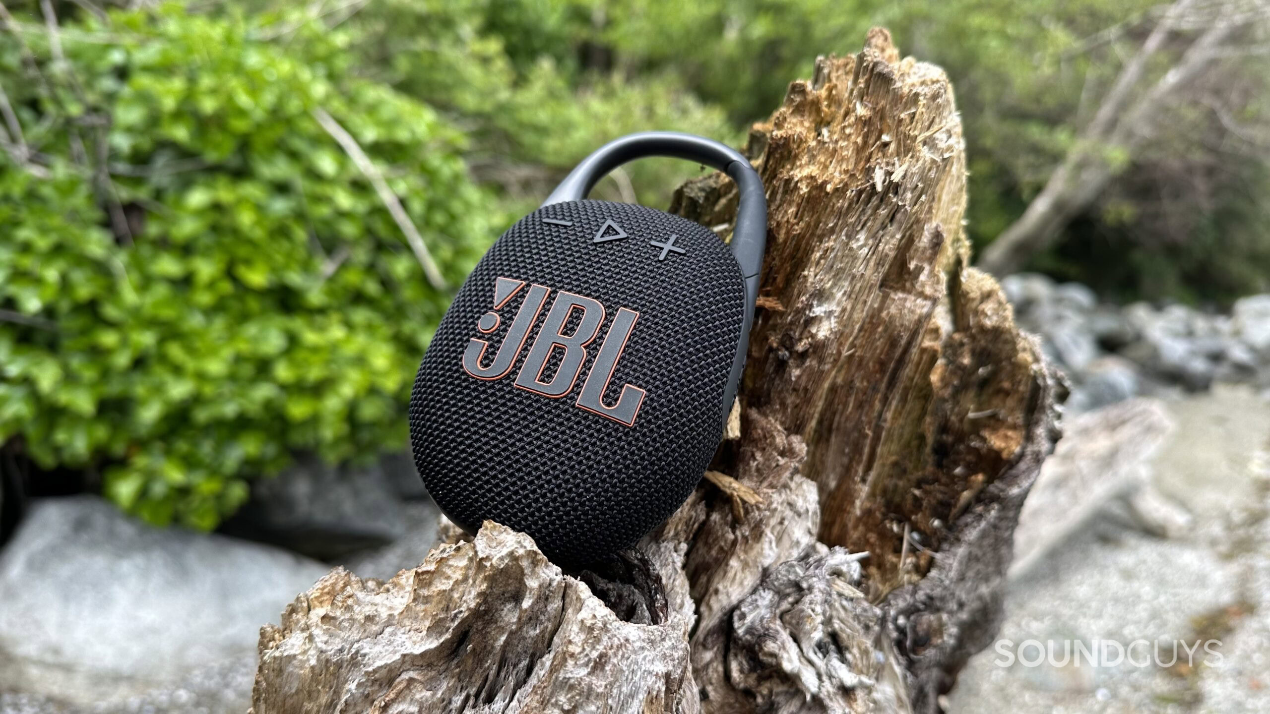 JBL Clip 5 on driftwood 2 A JBL Clip 5 resting on a piece of beach driftwood.