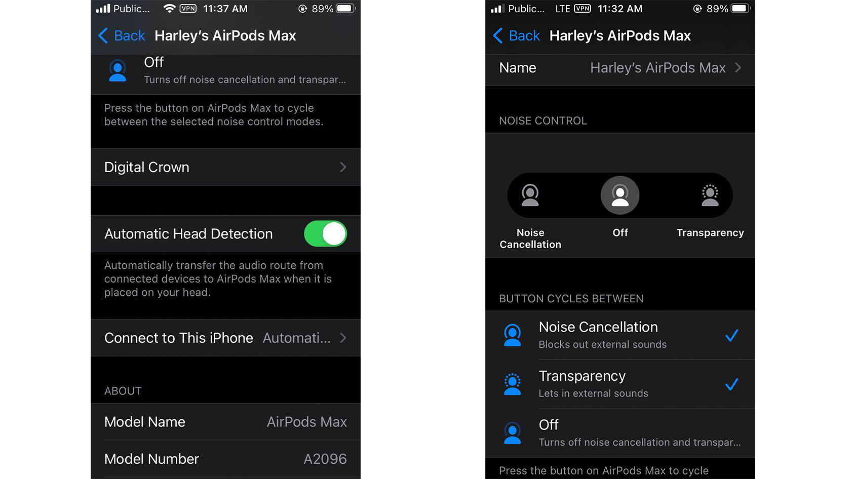 AirPods Max settings screenshots Two screenshots side by side of the AirPods Max settings in an iOS interface.