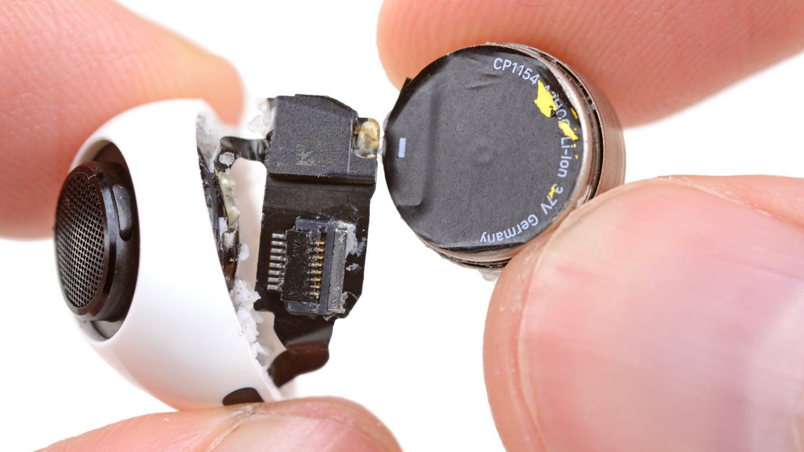 AirPods Pro iFixIt Teardown AirPods Pro with exposed speaker and battery.
