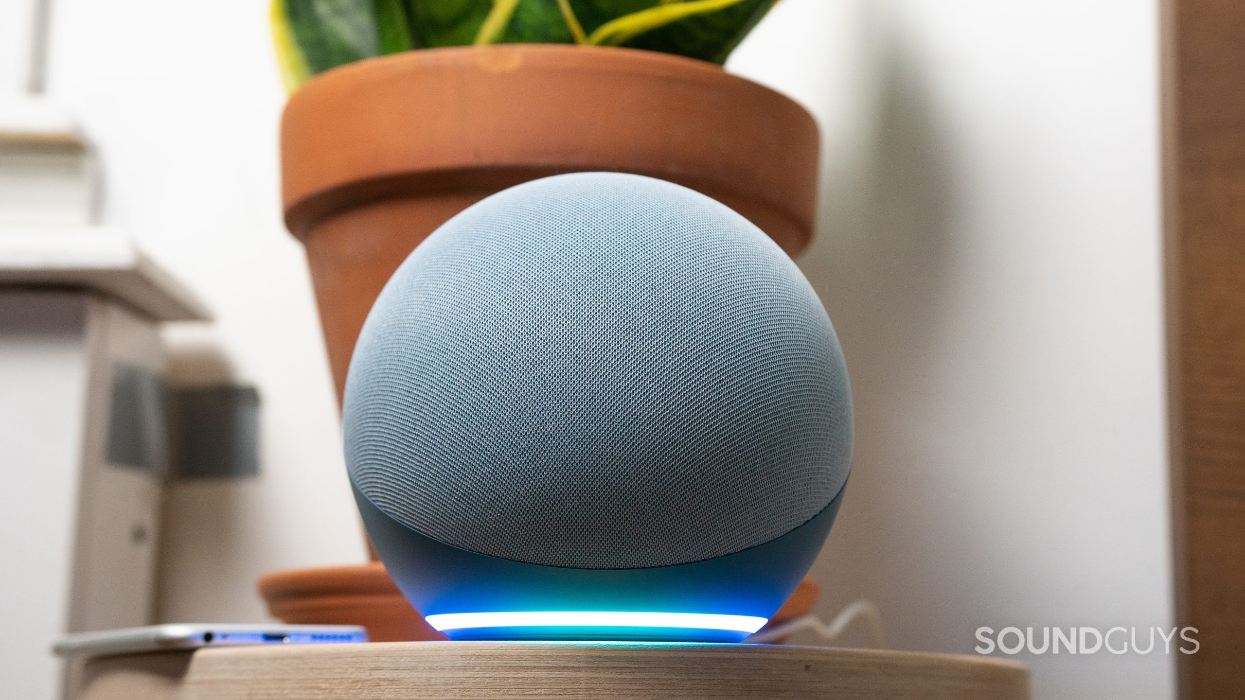 Amazon Echo 4th gen Alexa light The Amazon Echo 4th gen with the light glowing and a snake plant in the background.