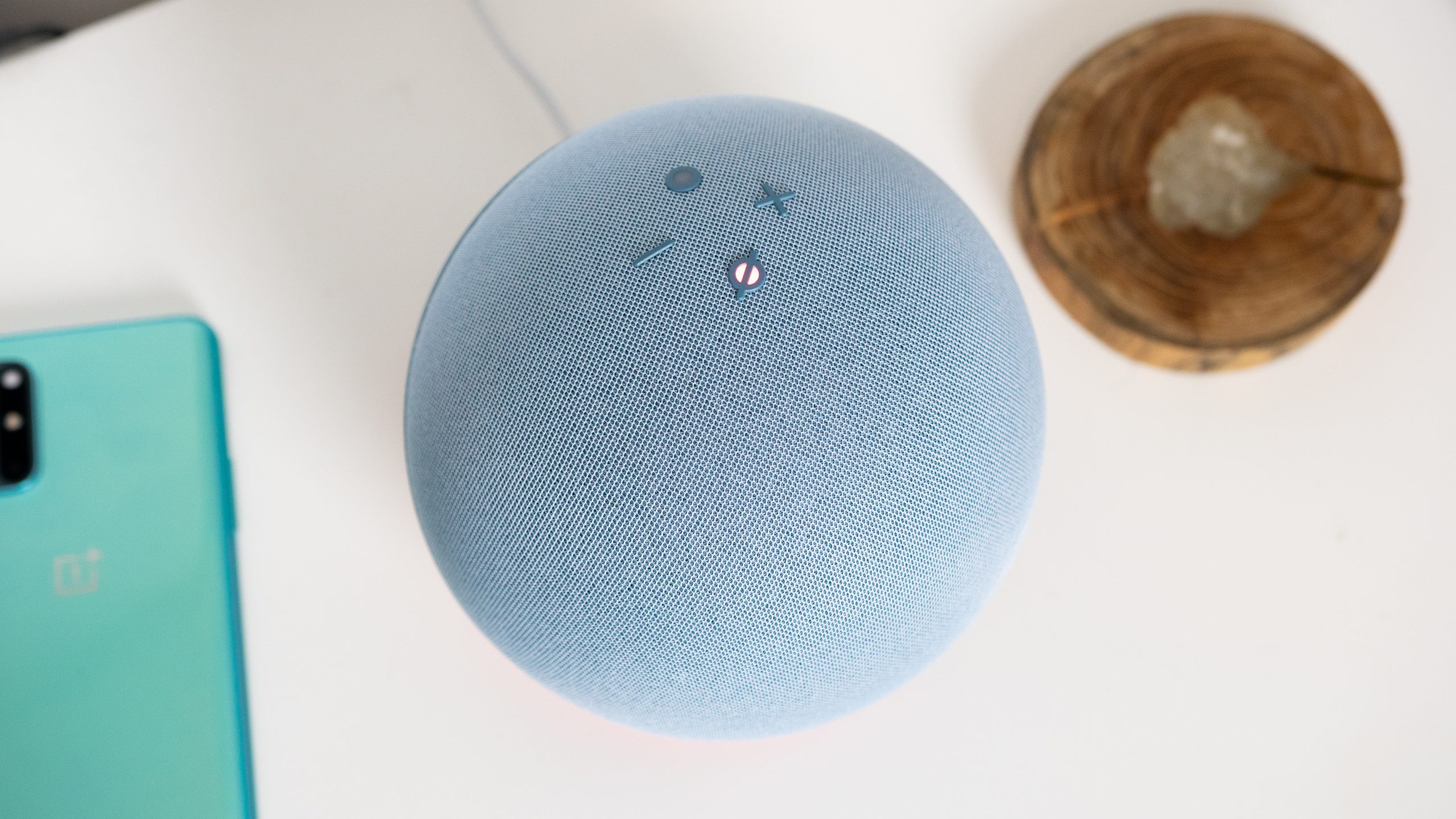 Amazon Echo 4th gen mute button The microphone button on the Amazon Echo (4th gen.) with the red light on to show it's muted.
