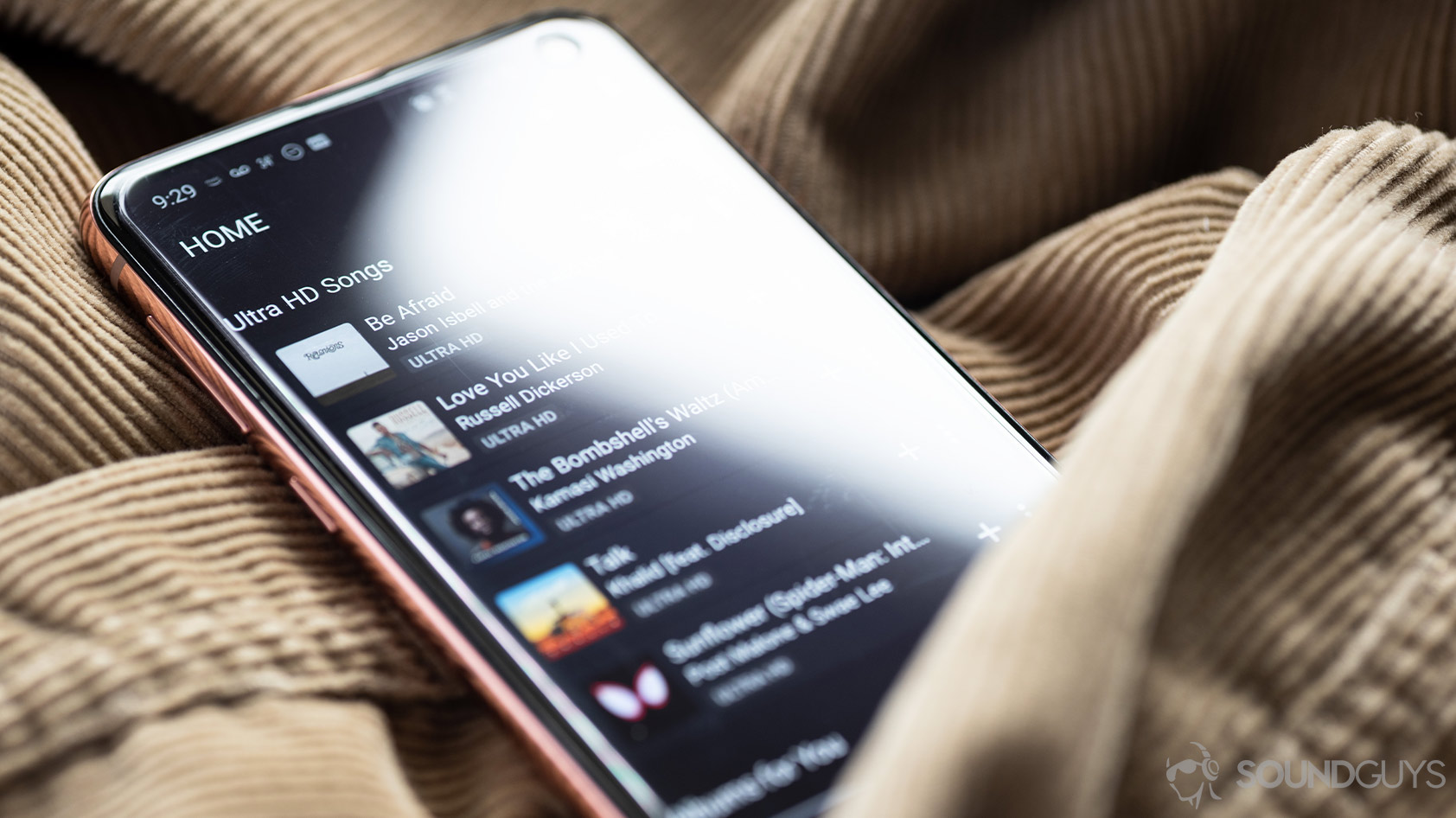 Amazon Music HD-mobile app curated playlist A picture of the Amazon Music HD mobile app Ultra HD Songs listed.