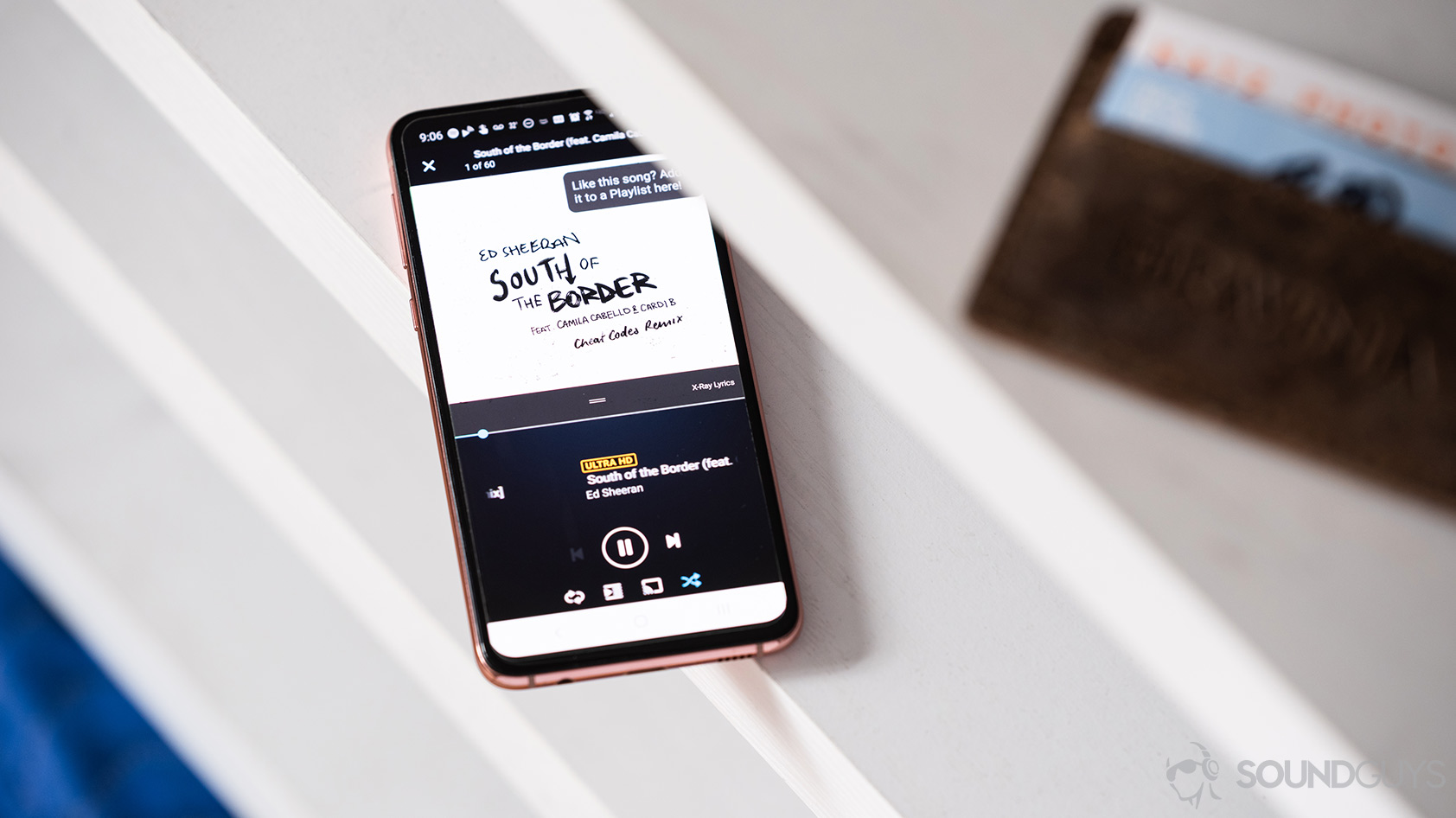 Amazon Music HD-mobile app now playing A picture of the Amazon Music HD mobile app "now playing" page on a Samsung Galaxy S10e.