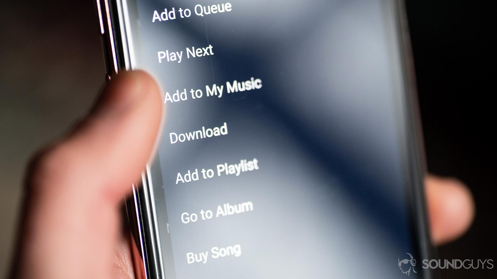 Amazon Music HD-mobile app options A macro picture of the Amazon Music HD mobile app options menu.