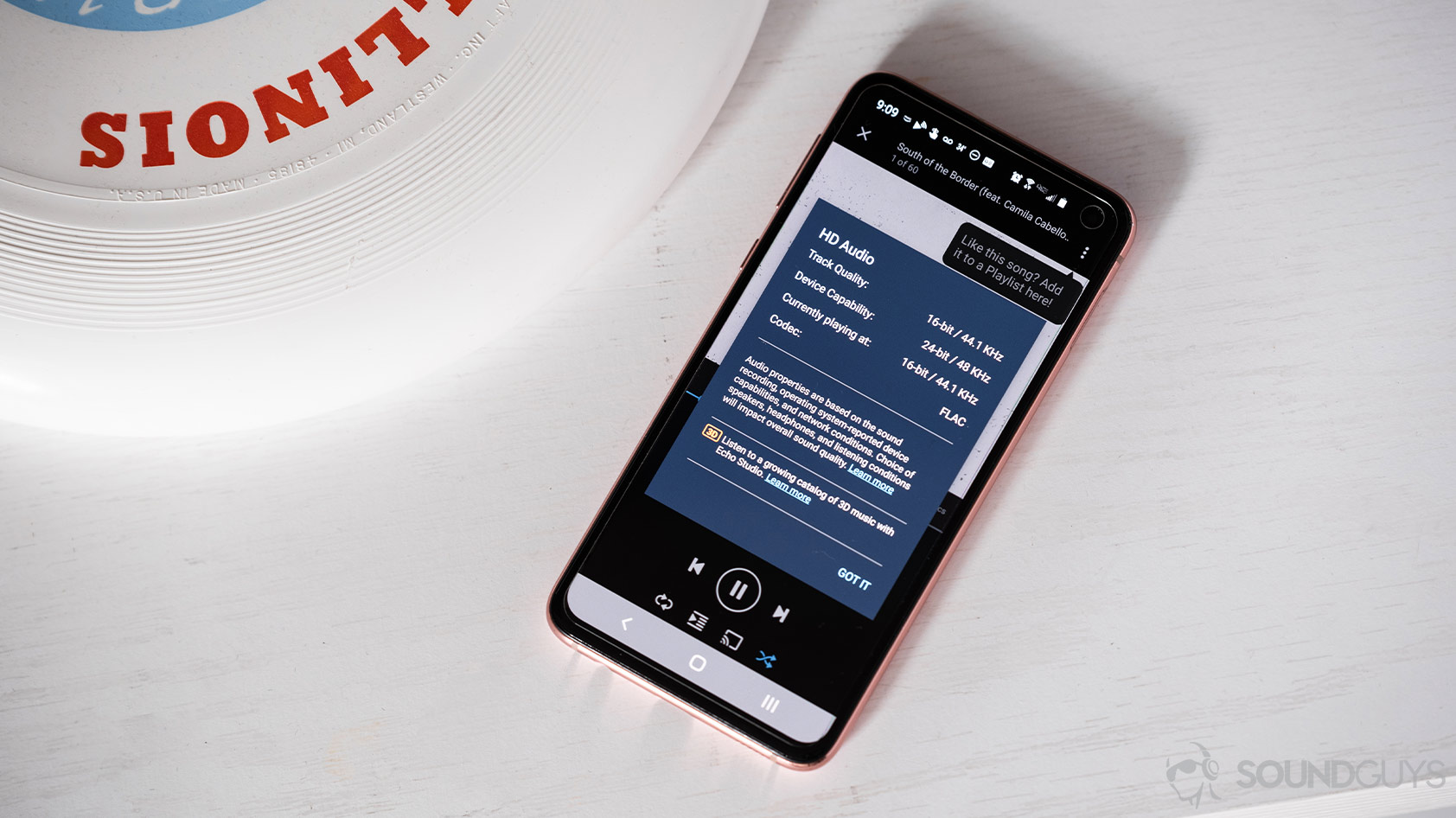 Amazon Music HD-mobile app streaming quality A picture of the Amazon Music HD mobile app with the streaming quality information pulled up on a Samsung Galaxy S10e.