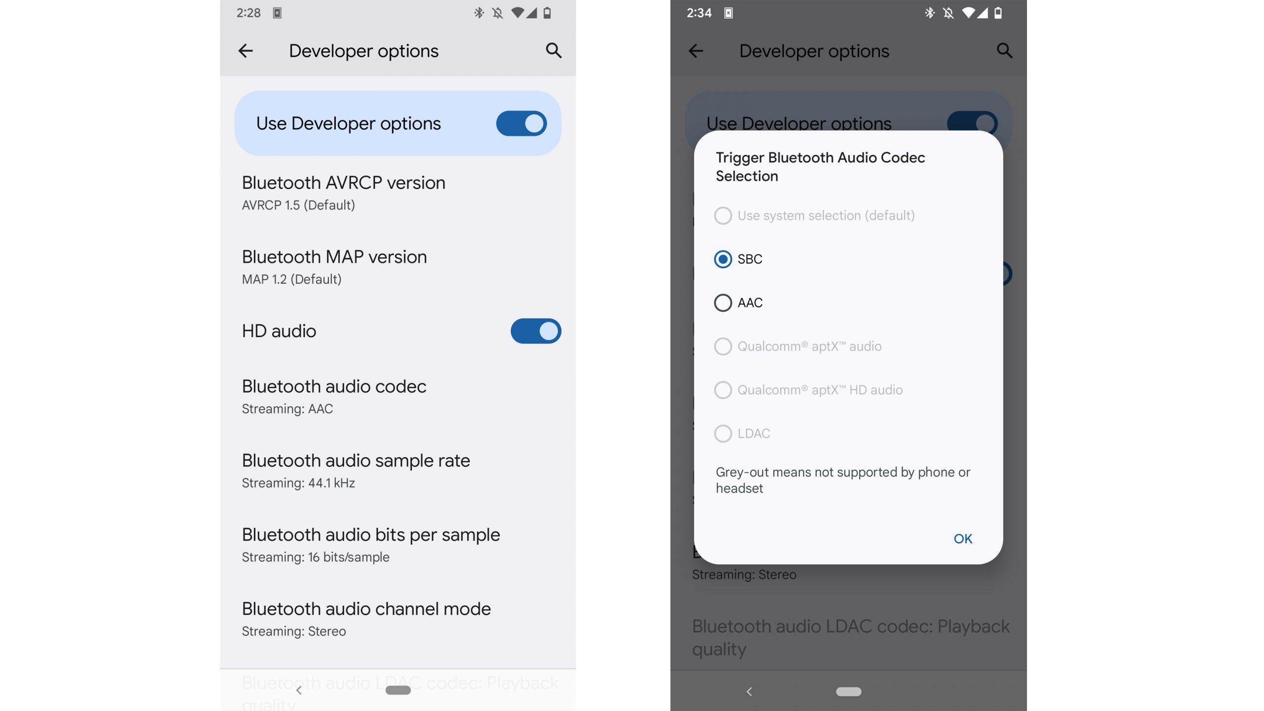 Android-Bluetooth-codec-menu-screenshot Two screenshots placed next to each other of an Android phone's settings screens. The left is the developer options menu, and the right is the Bluetooth codec seletion menu where all options except SBC and AAC are grayed out. Left screenshot text transcription: Developer options. Use Developer options. Bluetooth AVRCP version. AVRCP 1.5 (Default). Bluetooth MAP version MAP 1.2 (Default). HD audio. Bluetooth audio codec. Streaming: AAC. Bluetooth audio sample rate Streaming: 44.1 kHz. Bluetooth audio bits per sample Streaming: 16 bits/sample. Bluetooth audio channel mode Streaming: Stereo. Bluetooth audio LAC codec: Playback quality. Right screen shot text transcription: Developer options. Use Developer options. Trigger Bluetooth Audio Codec Selection. Use system selection (default). SBC. AAC. Qualcomm® aptX" audio. Qualcomm® aptX" HD audio. LDAC. Grey-out means not supported by phone or headset. Ok.