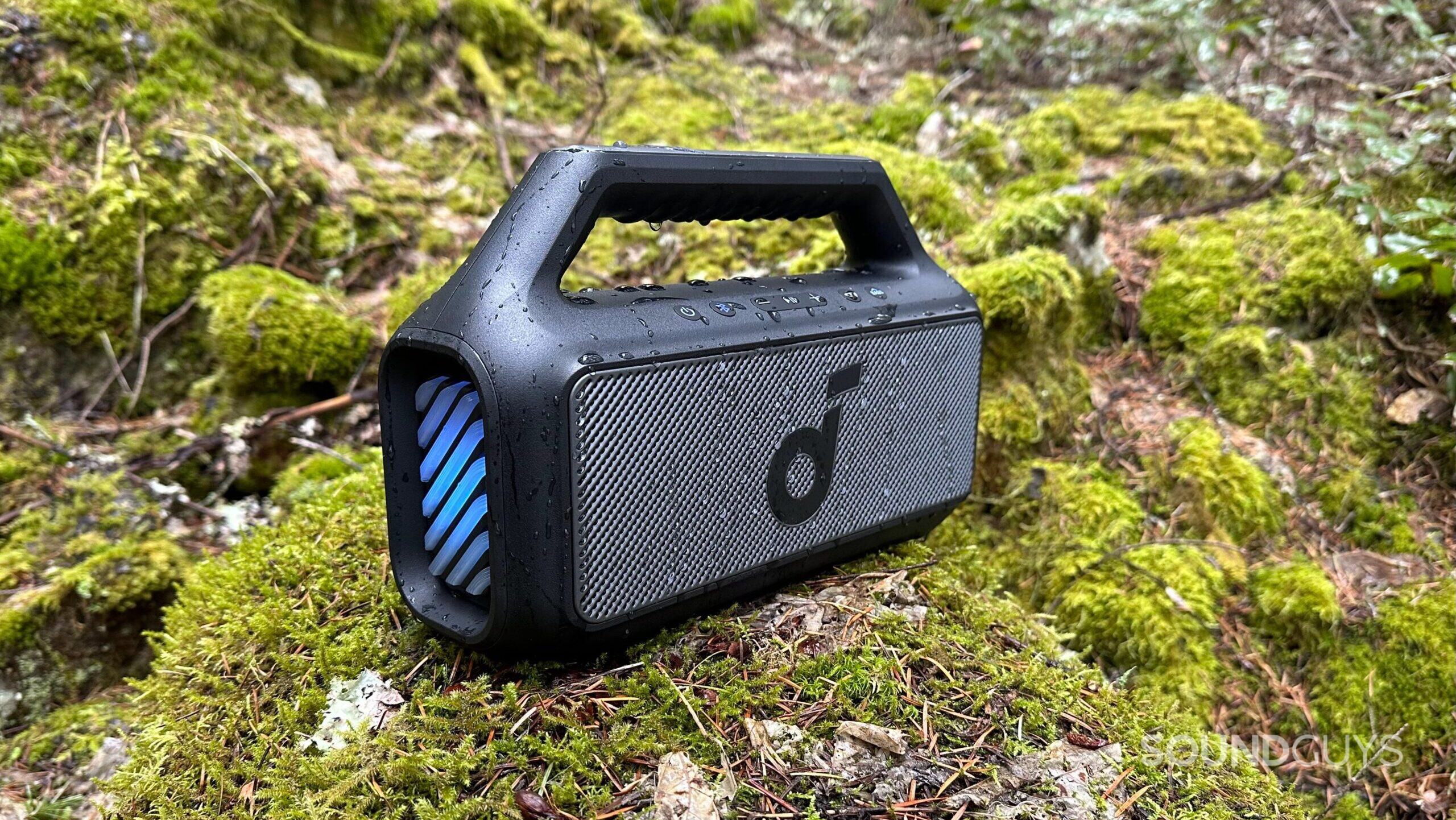 Anker Soundcore Boom 2 #7 Photo of the Anker Soundcore Boom 2 with blue lighting effect and water droplets