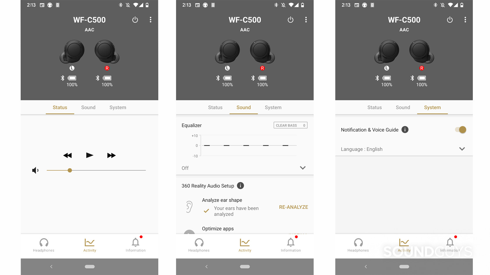app-screenshot The Sony WF-C500 app shown in three screenshots of the Status, Sound, and System tabs, plus the battery and codec status of the buds.