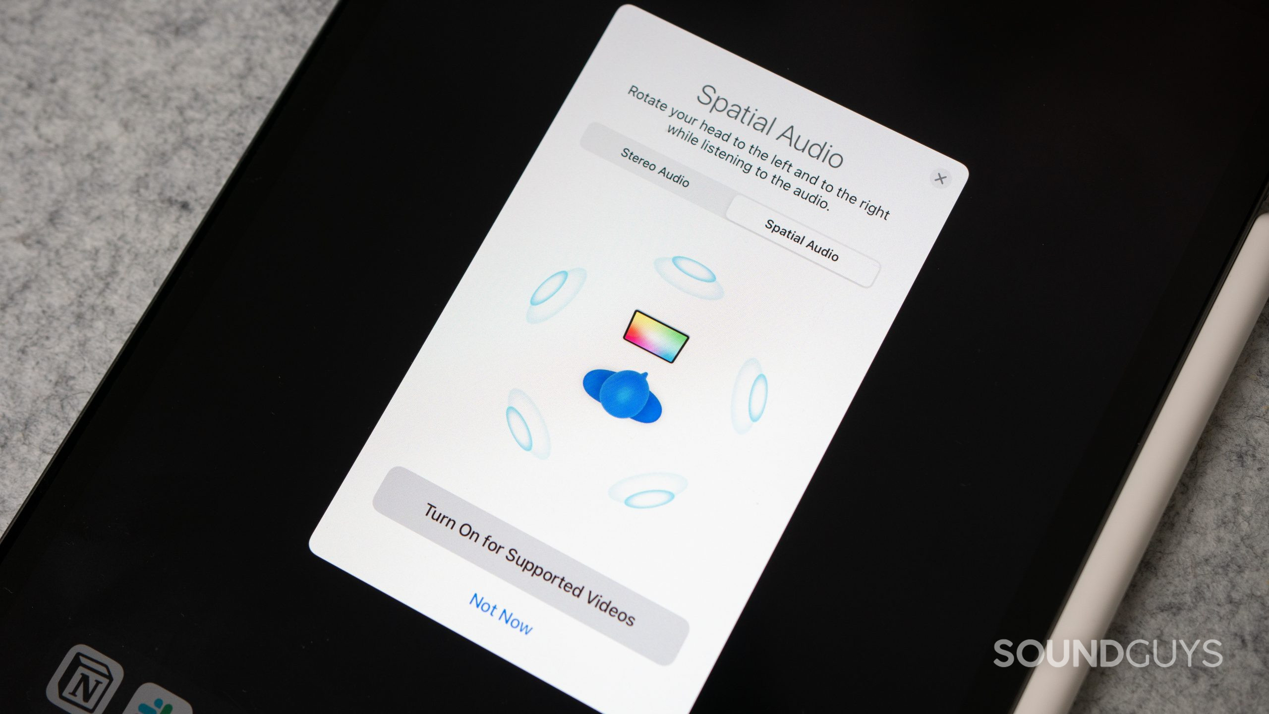 Apple AirPods Max_spatial audio The spatial audio pop-up on an iPad Pro.