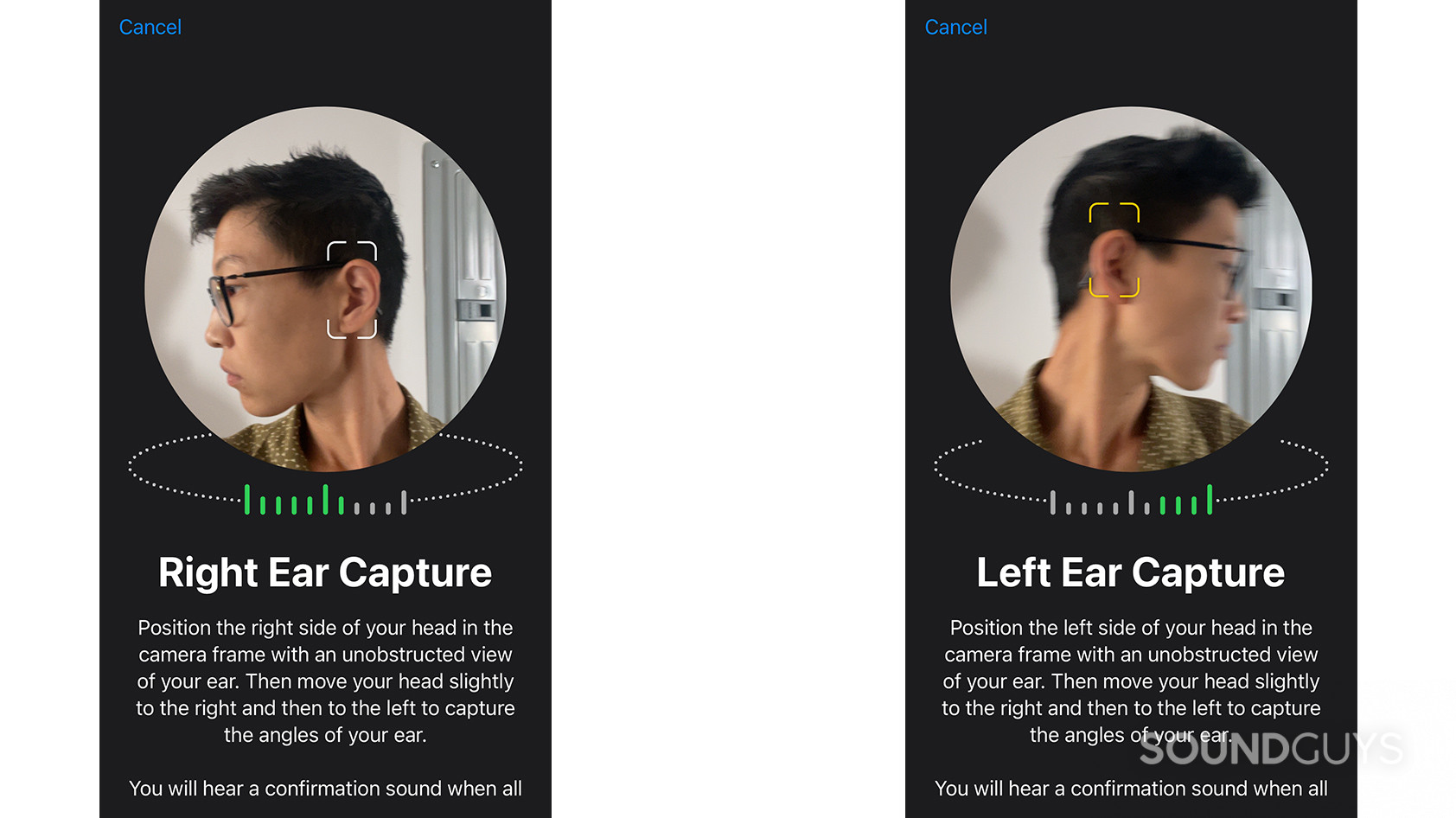 Apple AirPods Pro (2nd generation) spatial audio personalization A person uses Apple Spatial Audio personalization to take photos of their ears.
