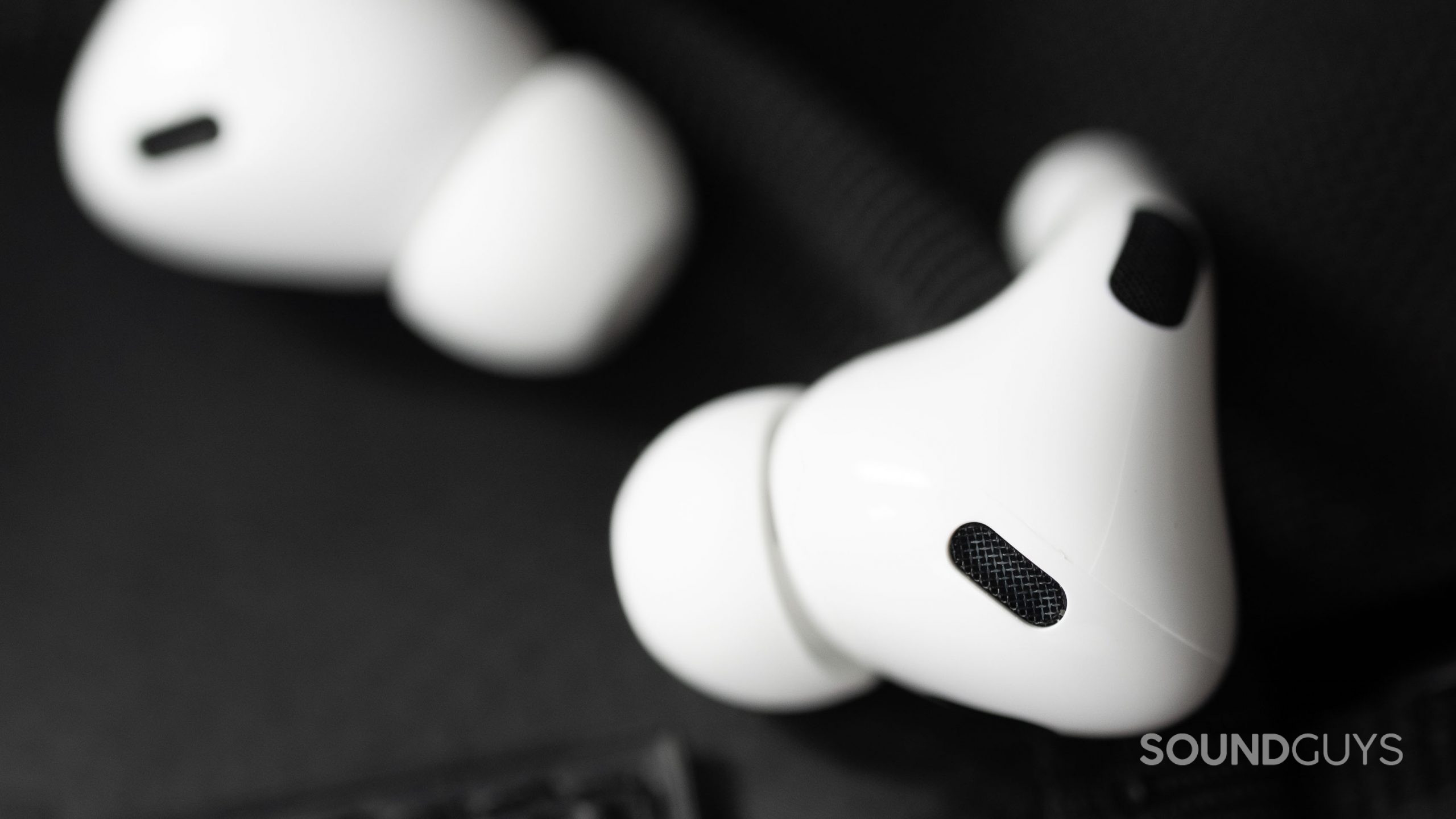 Apple AirPods Pro (2nd generation) true wireless earbuds pressure vents sensors The Apple AirPods Pro (2nd generation) pressure-relief vent on the right earbud.