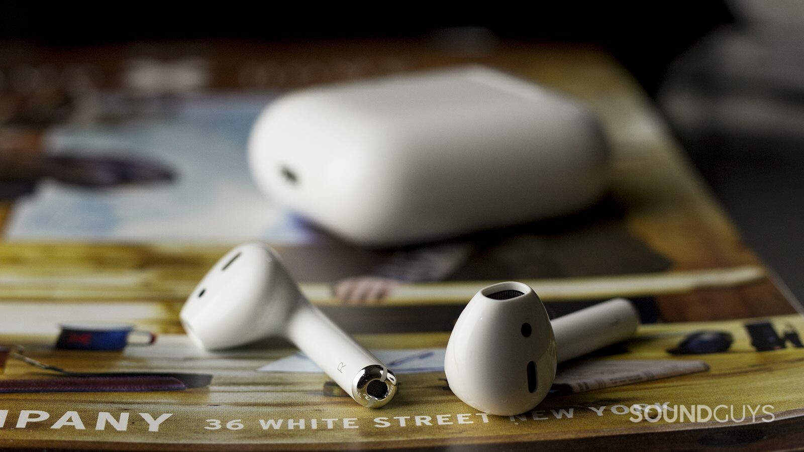 Apple Airpods The Apple AirPods true wireless earbuds outside of the charging case.