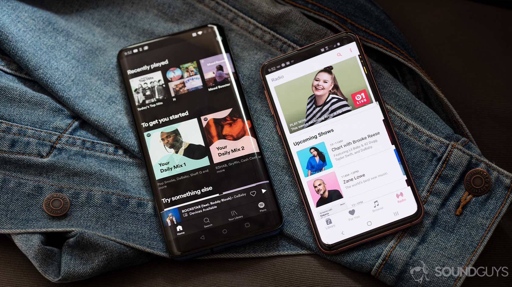 Apple Music vs Spotify Apple Music vs Spotify on a OnePlus 7 Pro and Samsung Galaxy S10e, respectively.