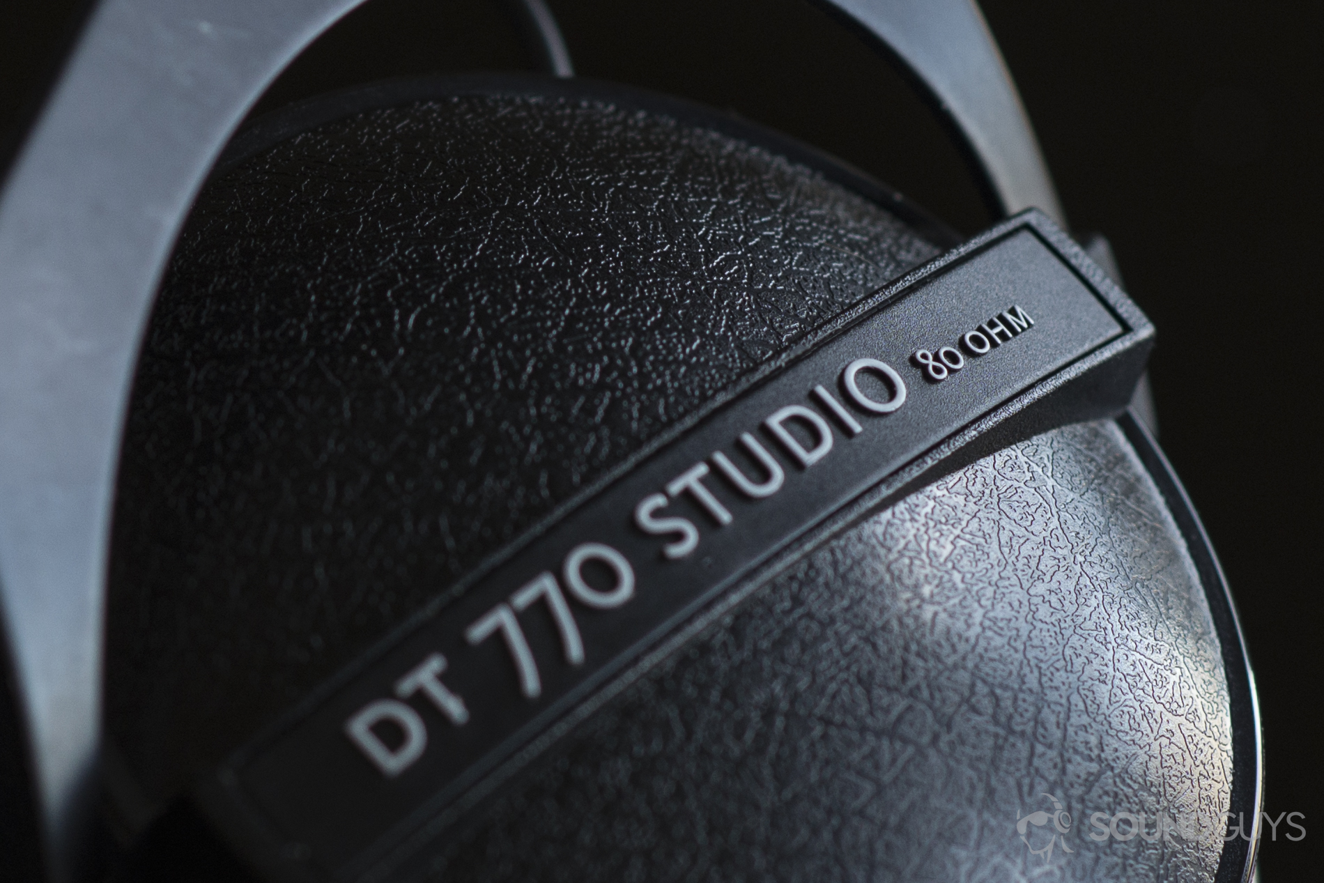 best-headphones-under-200-beyerdynamic-dt770-pro-resistance Ear cup of Beyerdynamic DT 770 Studio 80 Ohm headphones.