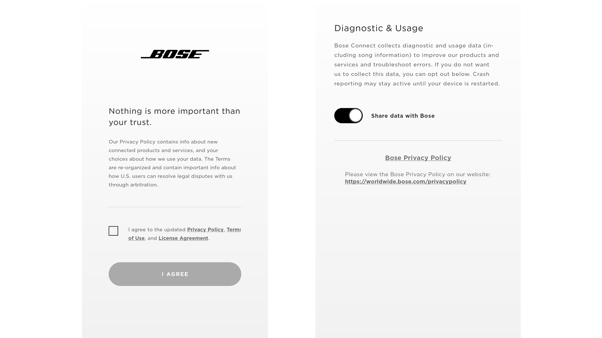 Bose Privacy Privacy policy screenshots of the Bose Connect app.