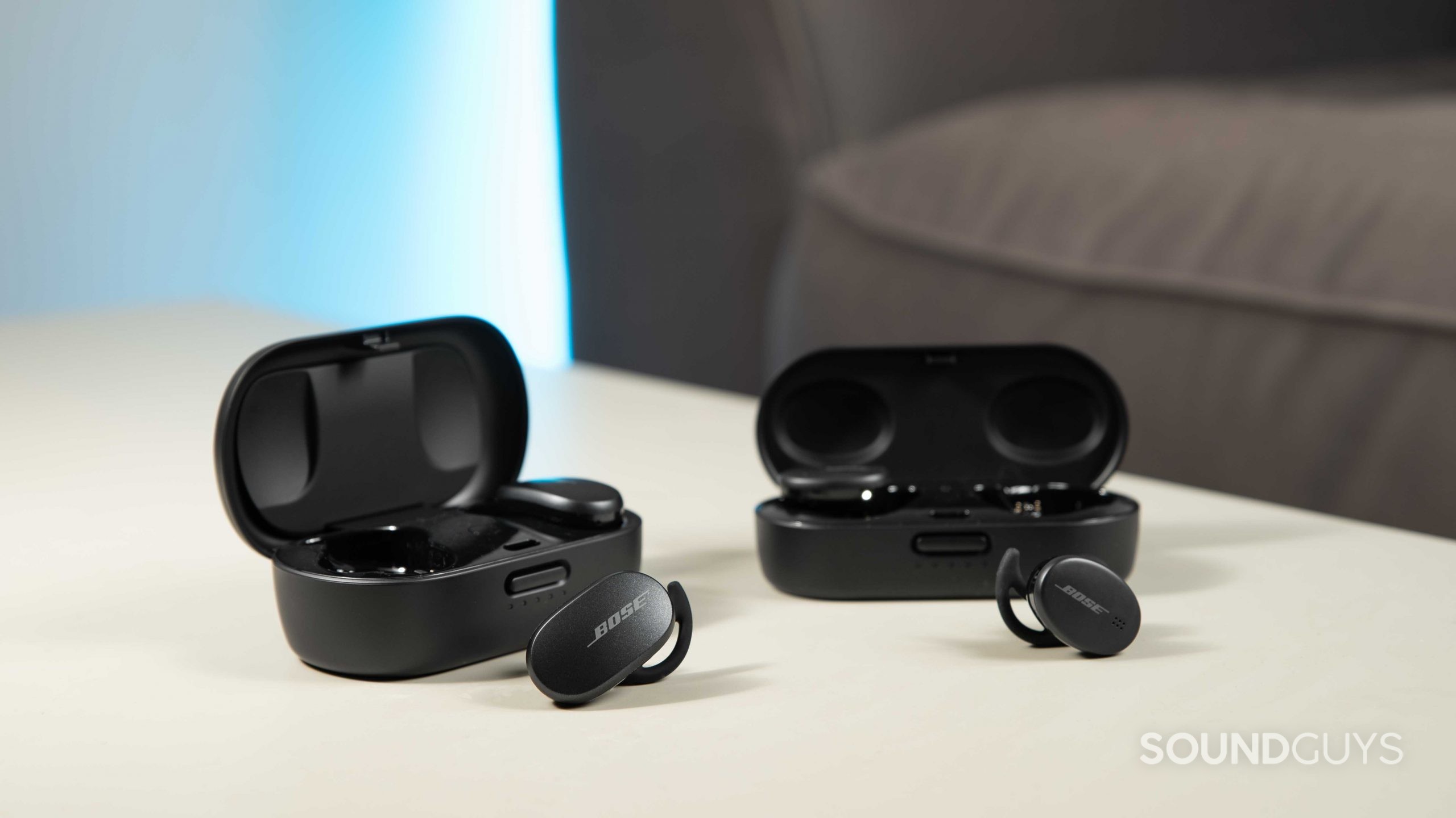 Bose QuietComfort Earbuds noise canceling true wireless-6 The Bose QuietComfort Earbuds noise canceling true wireless earbuds next to the Bose Sport Earbuds for a size comparison.