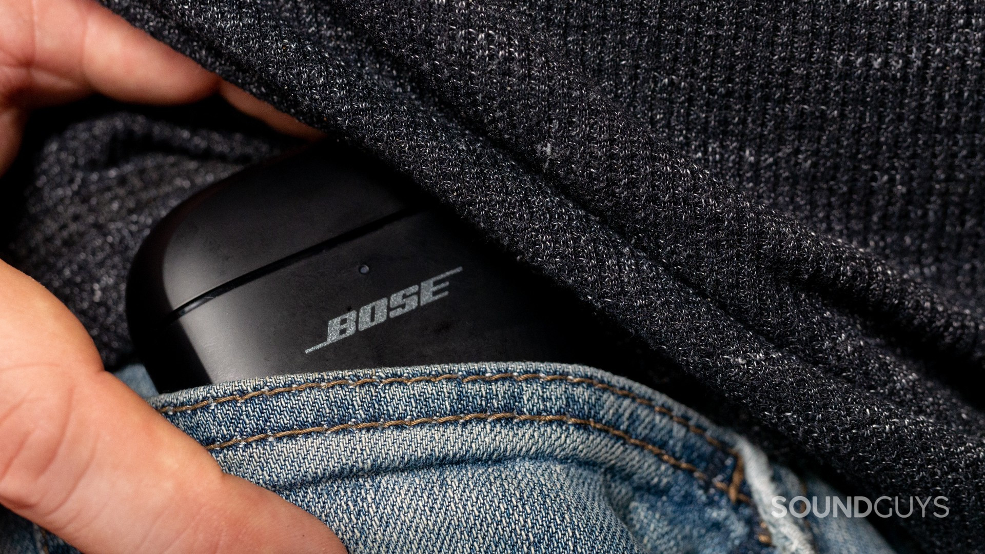 bose-quietcomfort-ultra-earphones-pocket The charging case of the Bose QuietComfort Ultra Earbuds is a little chunky, but can still fit in the small pocket of your jeans.