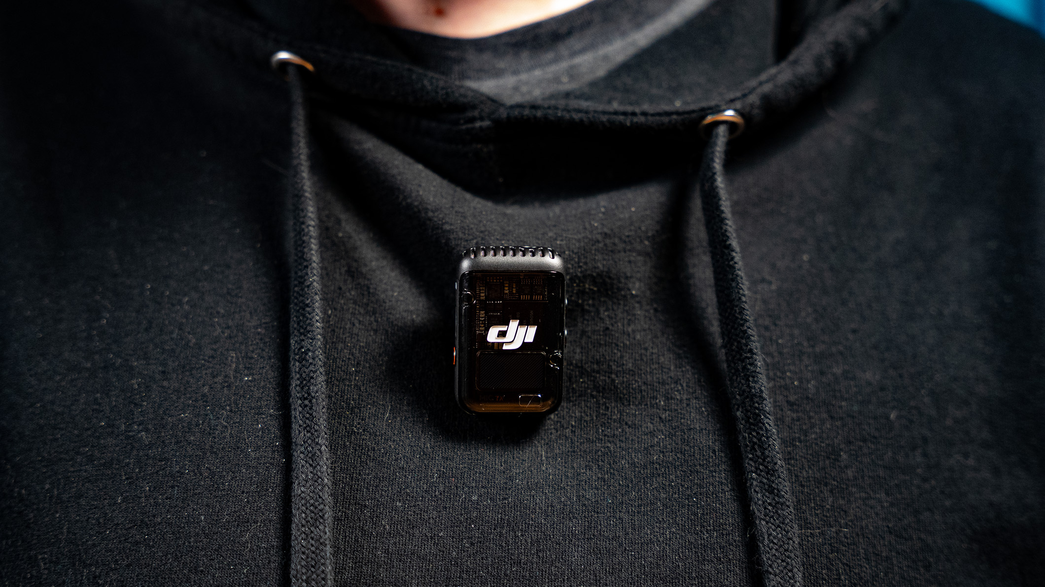 DJI Mic 2 on hoodie The DJI Mic 2 on a hoodie