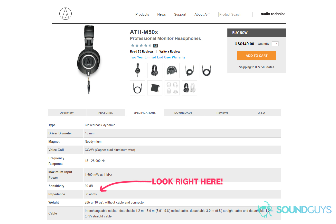 do-you-need-an-amp-specs A screenshot of a specifications page for the Audio-Technica ATH-M50x headphones.