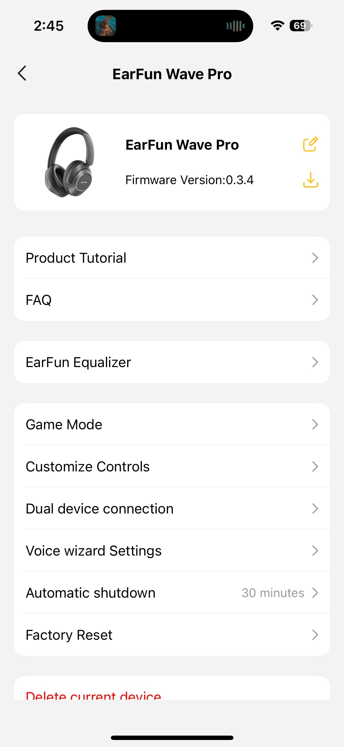 EarFun Wave Pro app settings.