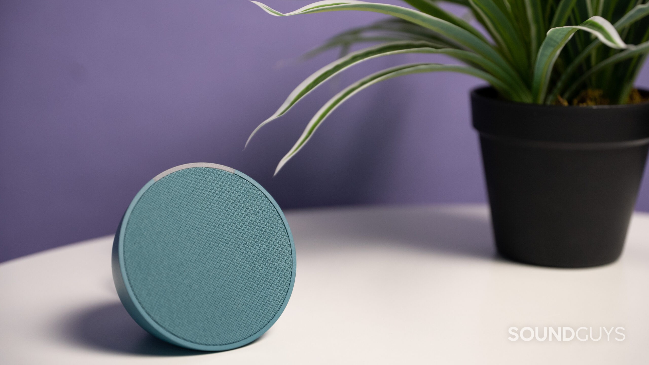 Echo-Pop-hero-shot-7 Amazon Echo Pop on a table next to a plant.