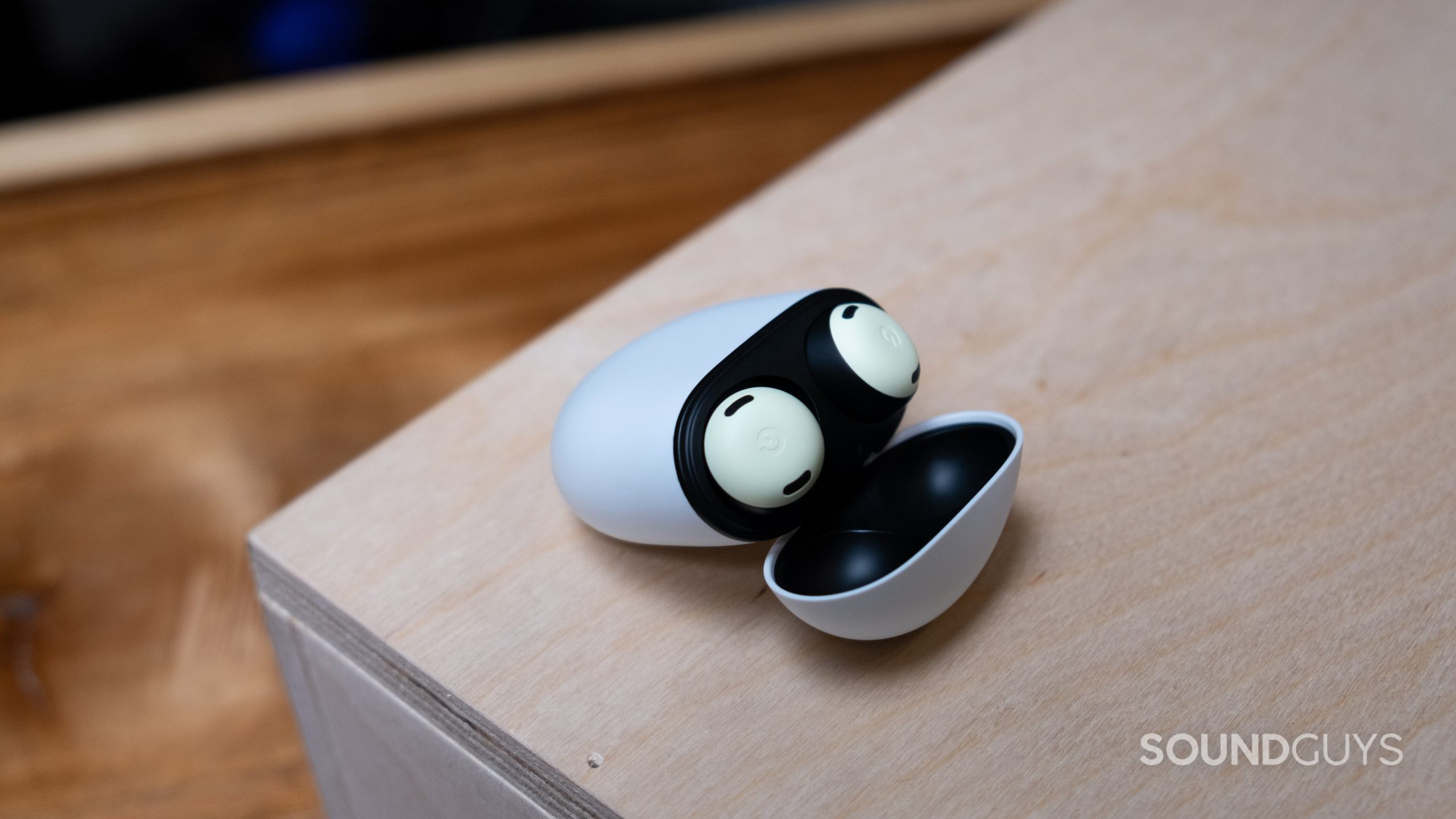 google-pixel-buds-open-center The Google Pixel Buds Pro case is open with the lid propping the case up, revealing the buds.