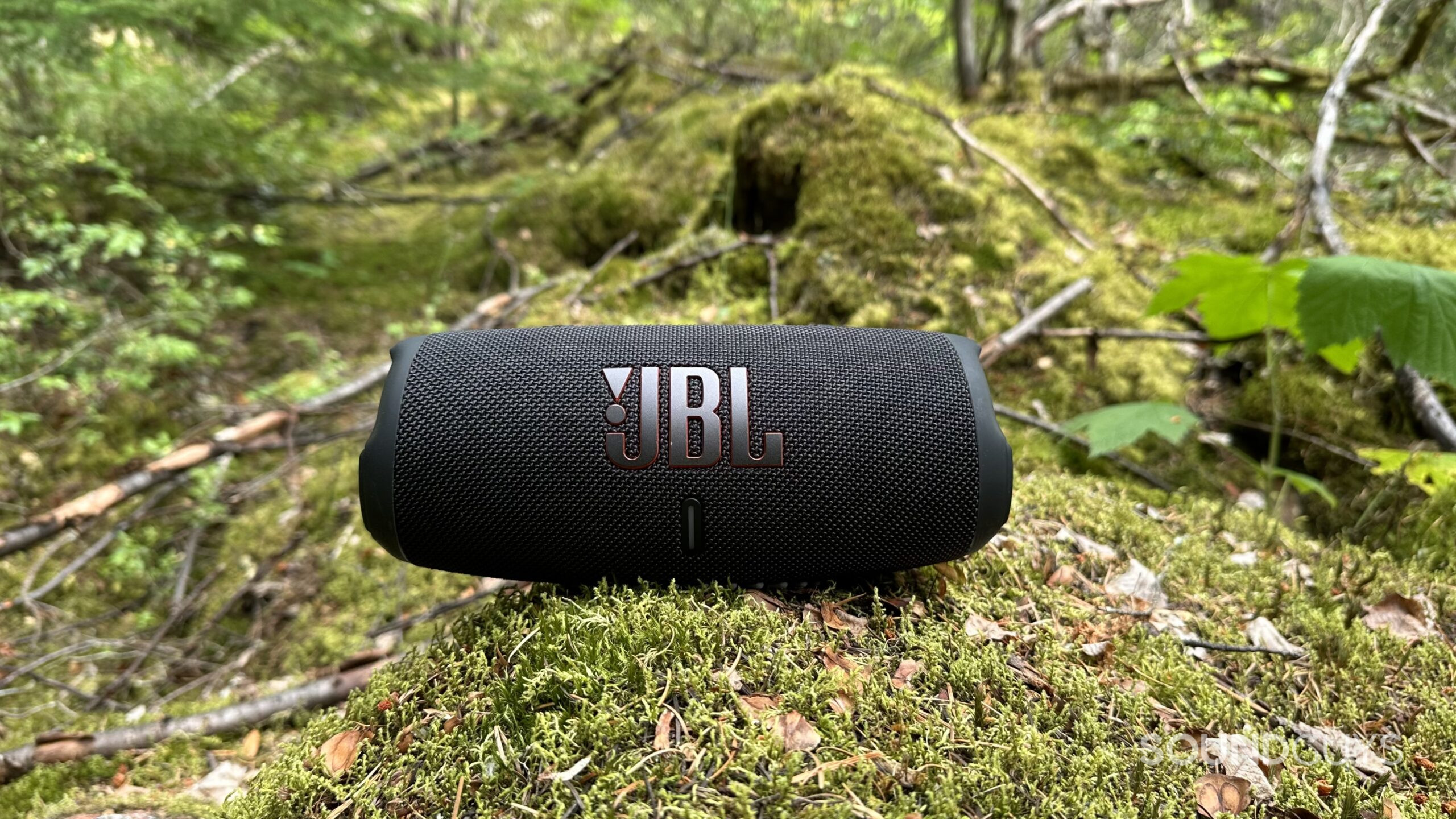 JBL Charge 5 Hero updated JBL Charge 5 speaker placed on some mossy rocks in a forest.