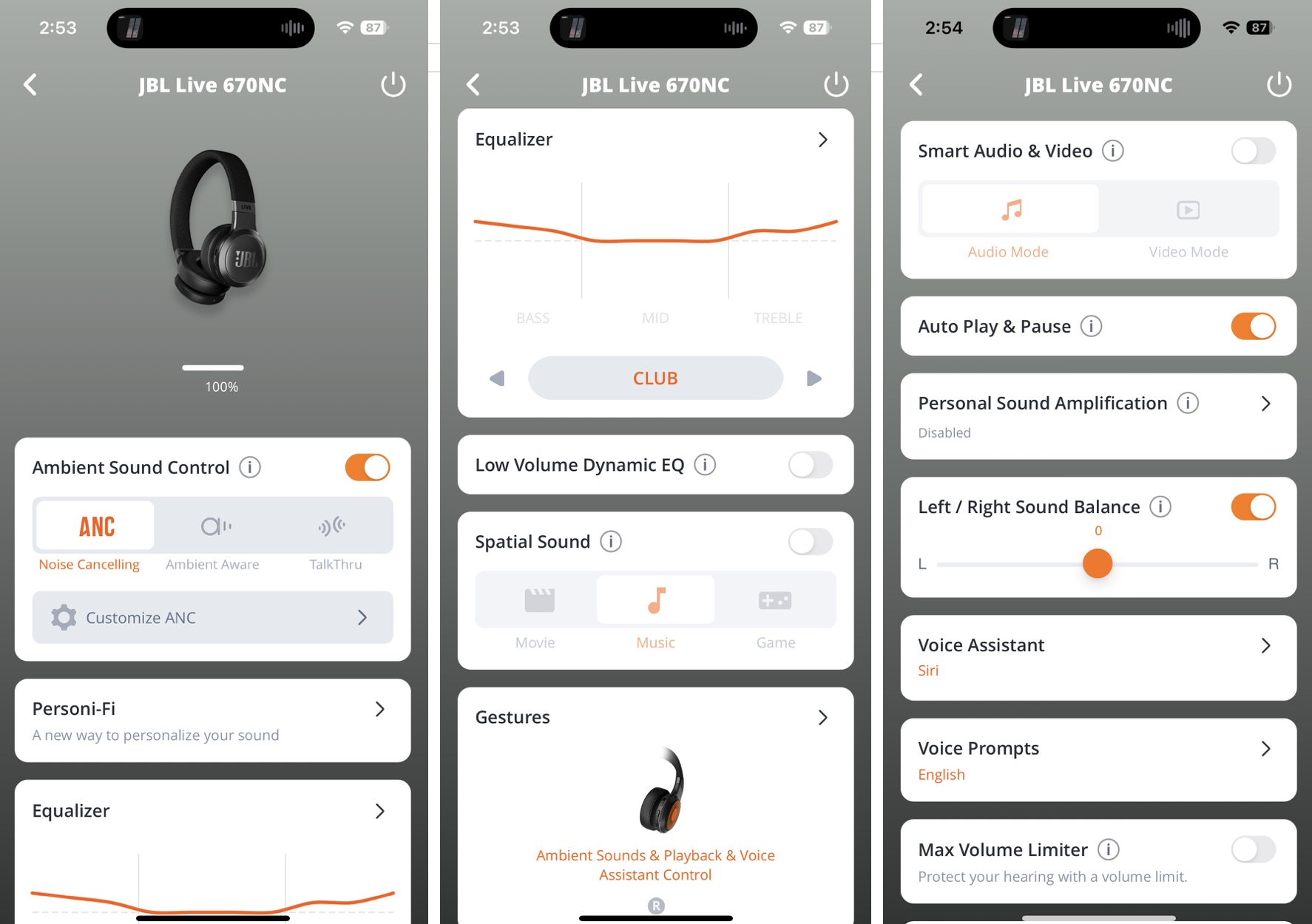 JBL Headphones App screen shot Screen shot of the JBL Headphones app showing EQ and various headphone settings