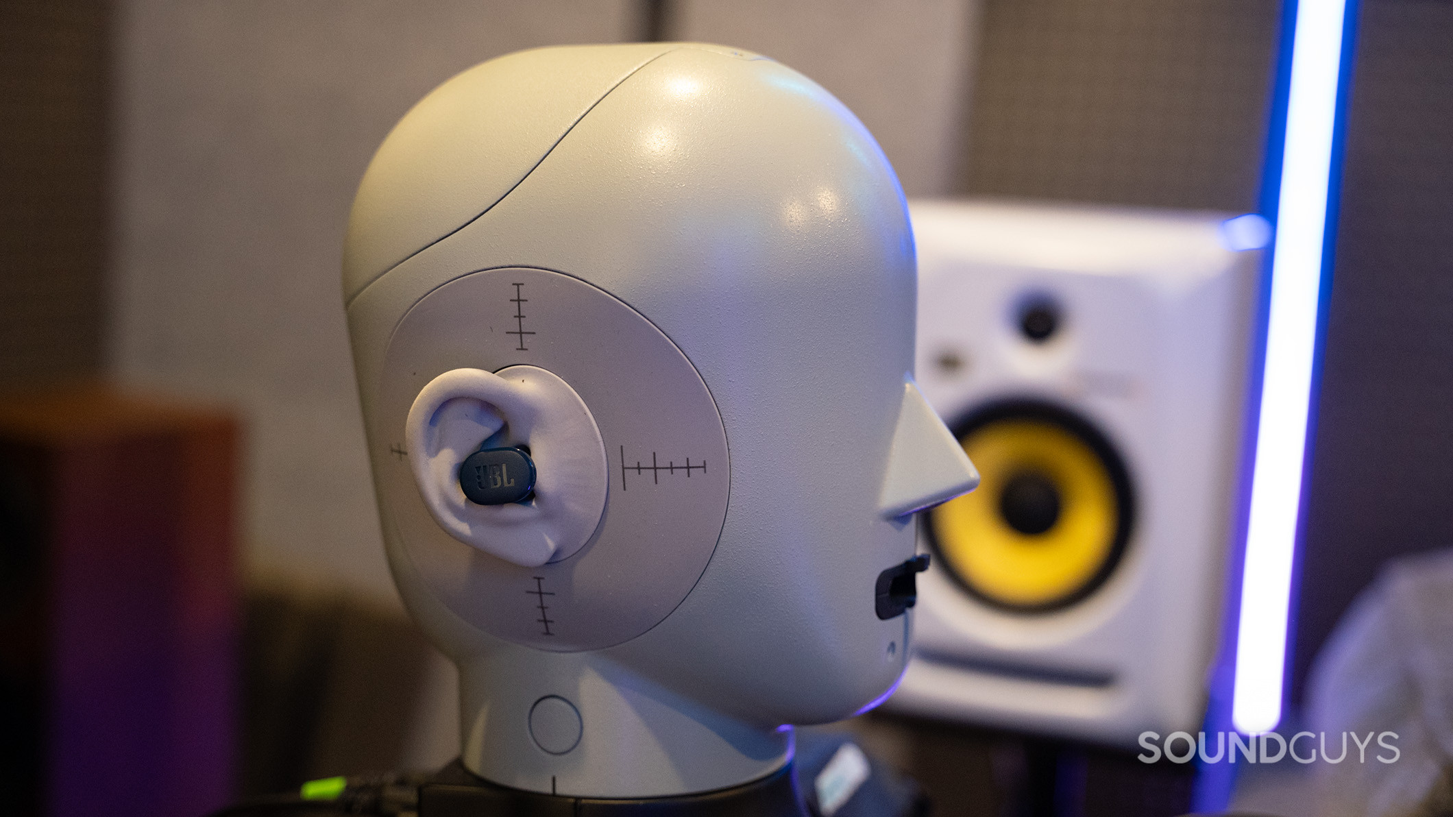 JBL Tune Buds testing head 2 The JBL Tune Buds on our Bruel & Kjaer 5128 testing head.