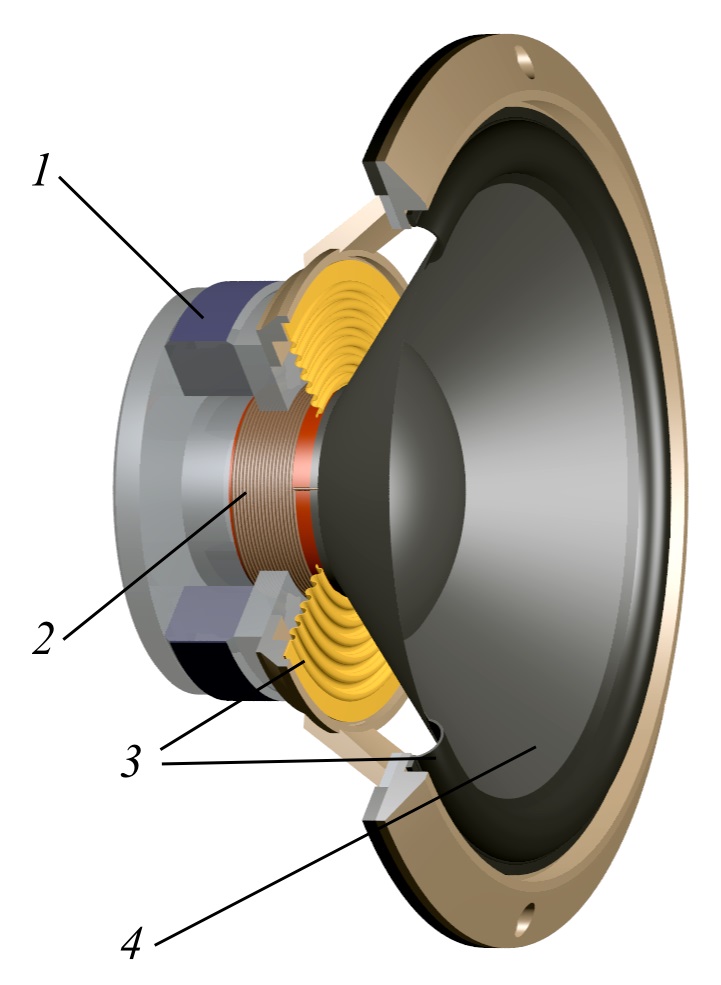 Loudspeaker-bass Cutout diagram of dynamic driver (loudspeaker) from Wikipedia.