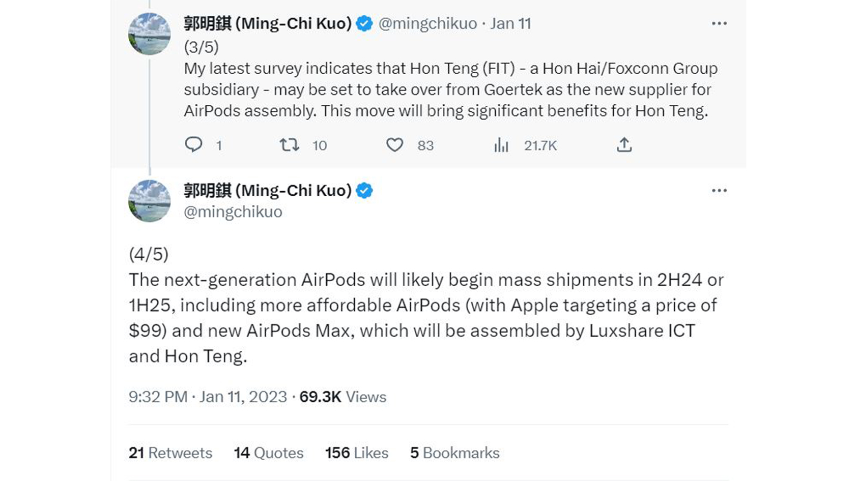 Ming-Chi Kuo AirPods Max 2 report Ming-Chi Kuo's tweets regarding the AirPods Max 2 and more affordable AirPods.