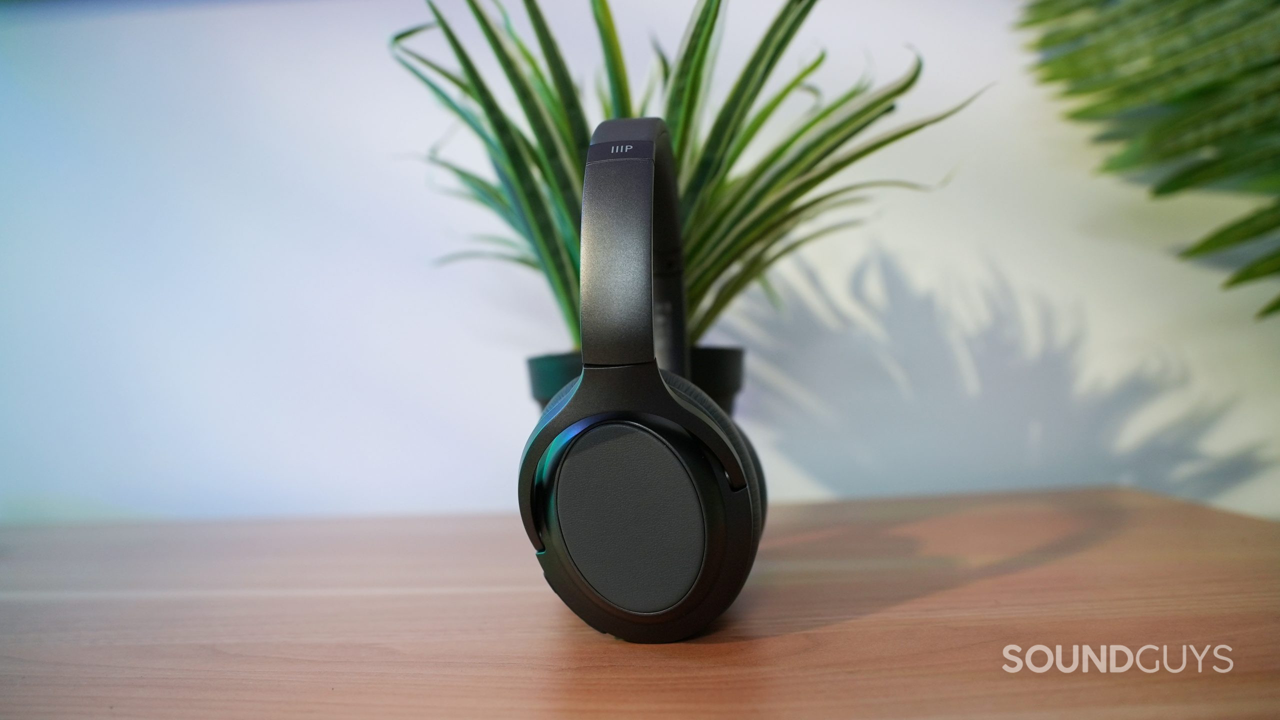 Monoprice-BT-600-ANC-Side-Profile The Monoprice-BT-600 ANC noise canceling Bluetooth headphones in front of a house plant.
