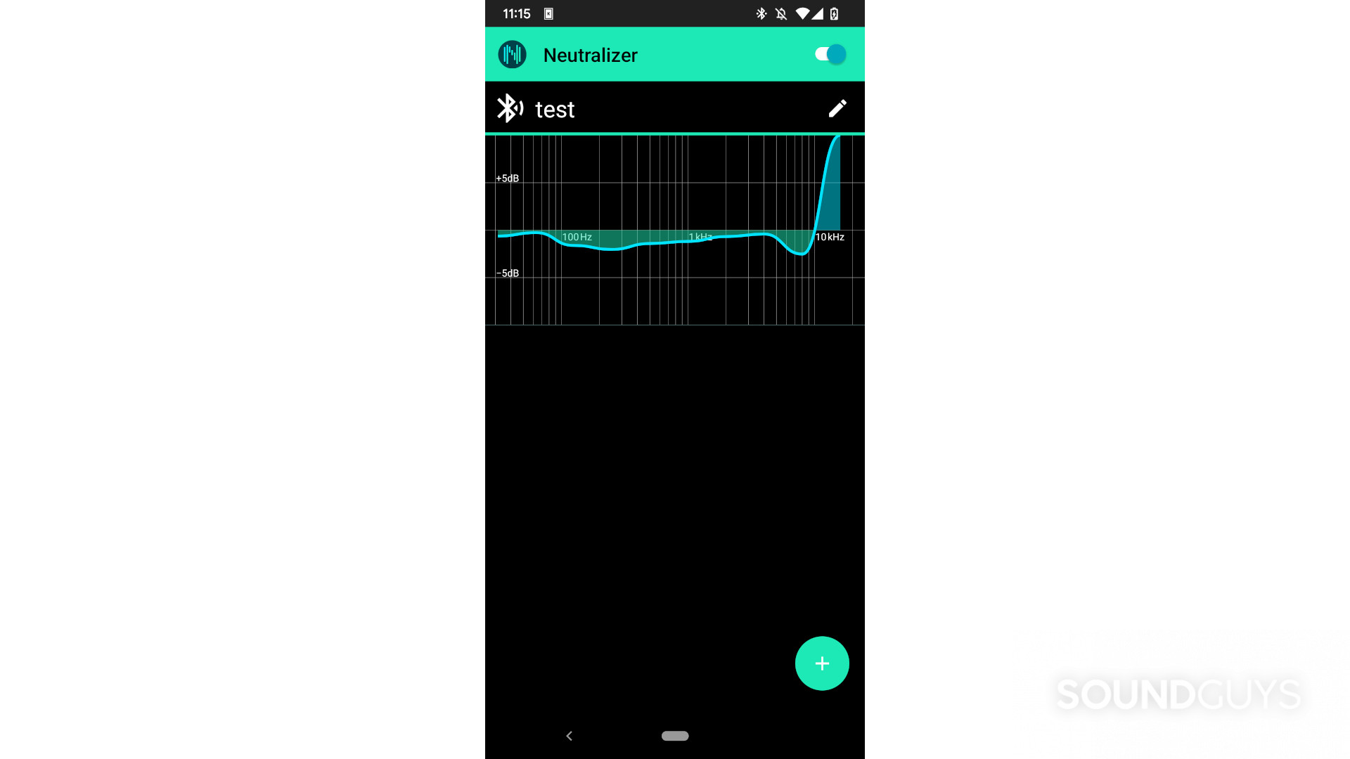 Neutralizer A screenshot of the Neutralizer app showing an EQ curve. The app is black with turquise being used for the graph, buttons, and app header.