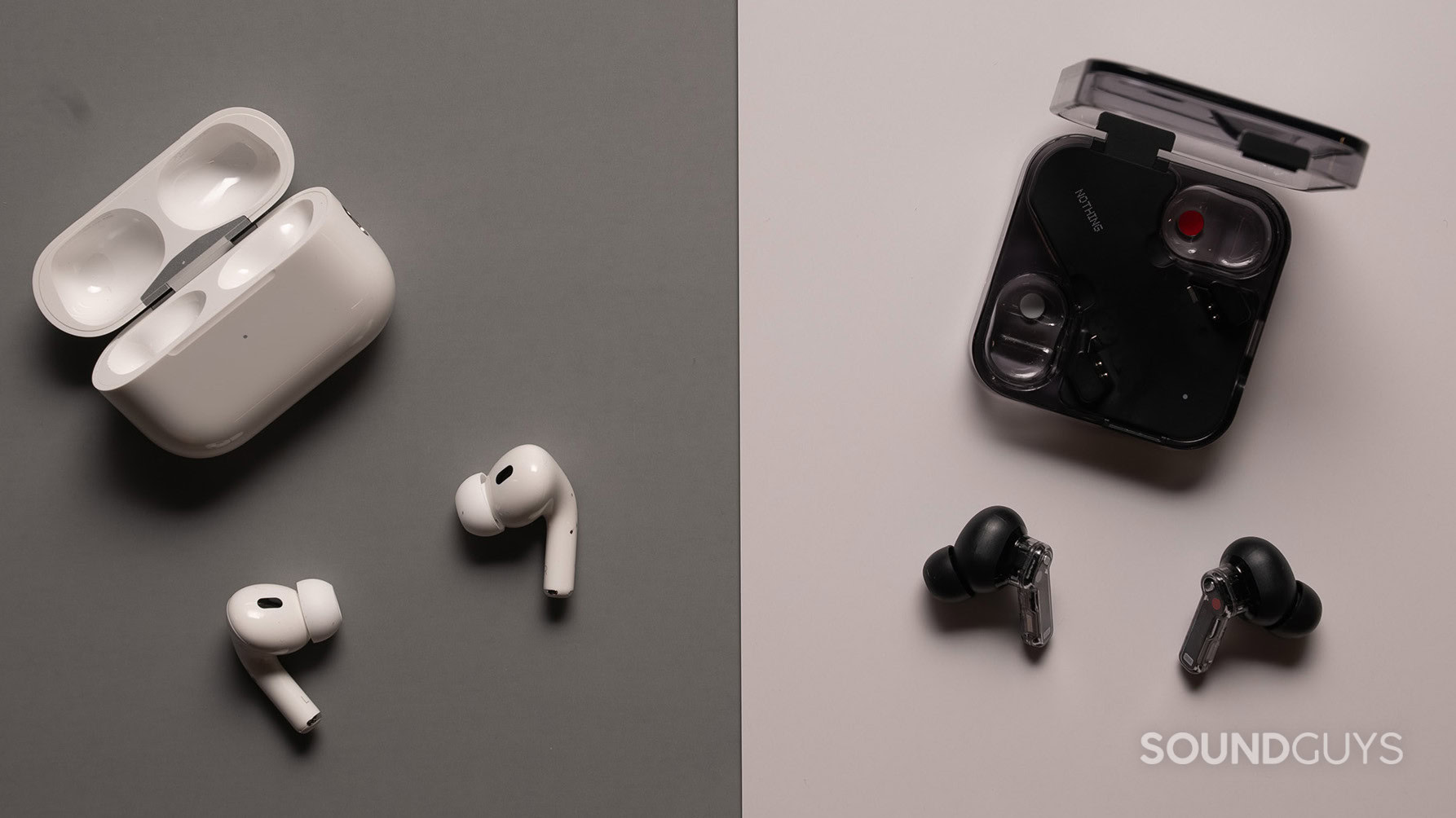 Nothing Ear vs Apple AirPods Pro 2 cropped Nothing Ear and Apple AirPods Pro (2nd generation) on a table next to each other.