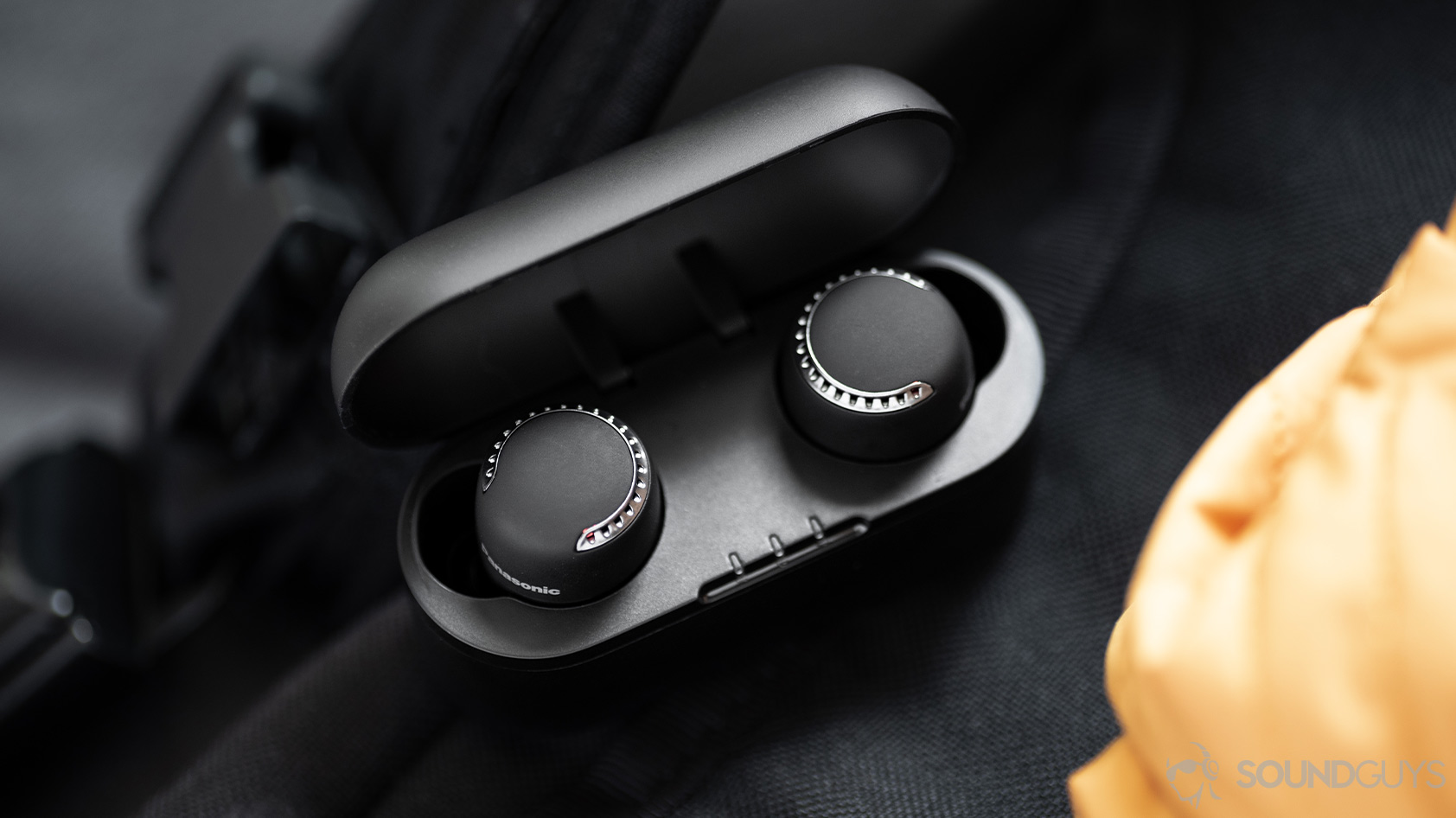 Panasonic RZ-S500W-true wireless noise canceling earbuds case LEDs A picture of the Panasonic RZ-S500W noise canceling earbuds both in the case, showing the LEDs on the buds.