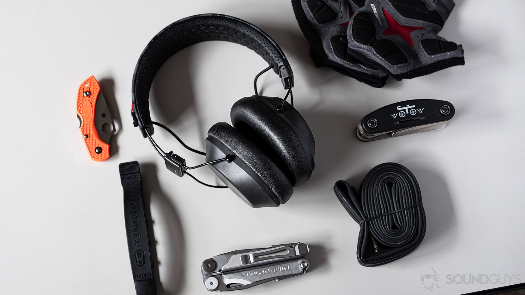 Plantronics BackBeat Fit 6100-workout headphones biking gear A picture of the Plantronics BackBeat Fit 6100 workout headphones next to biking gear.