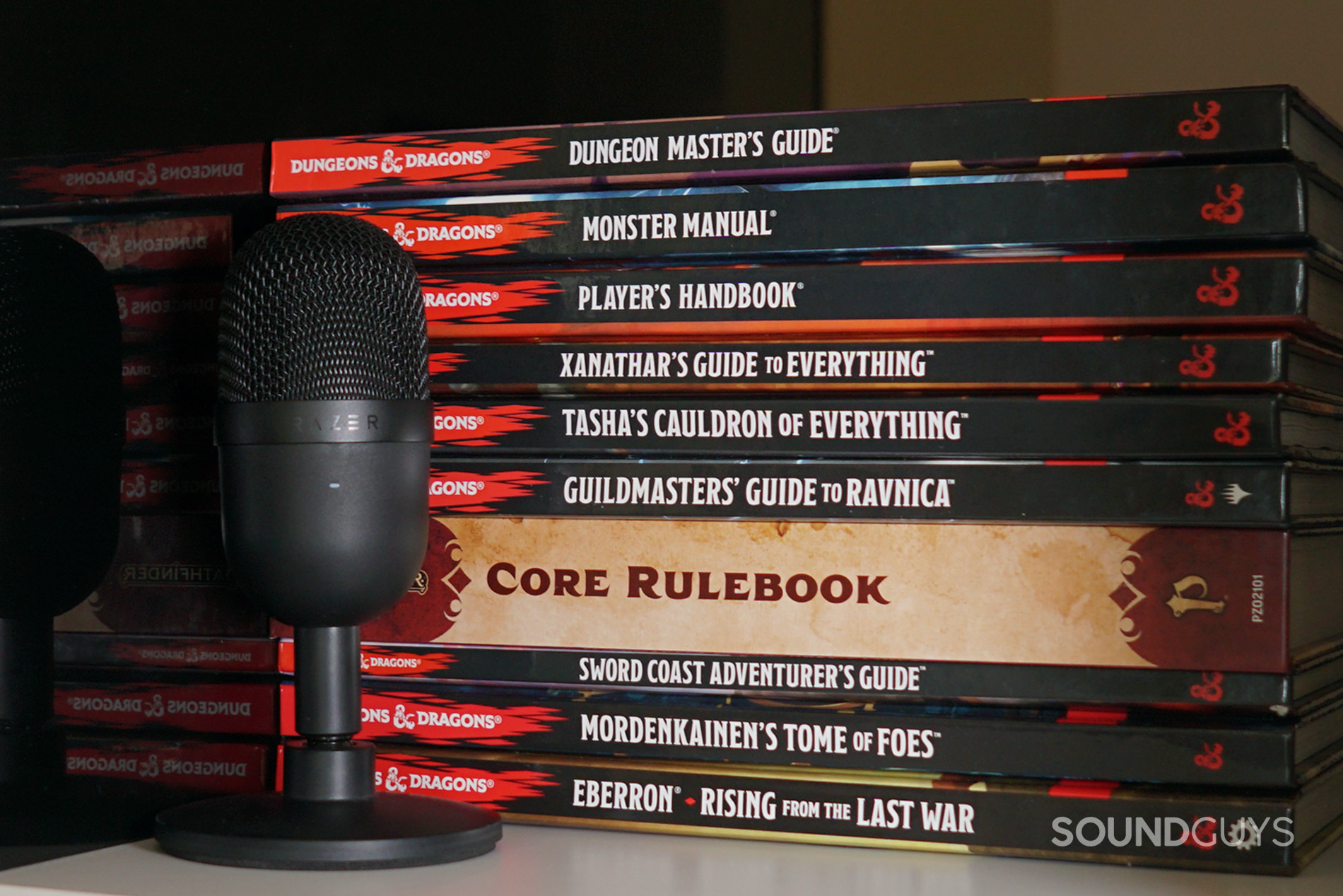 Razer Seiren Mini dnd book shelf shot Razer Seiren Mini against a stack of DnD books.