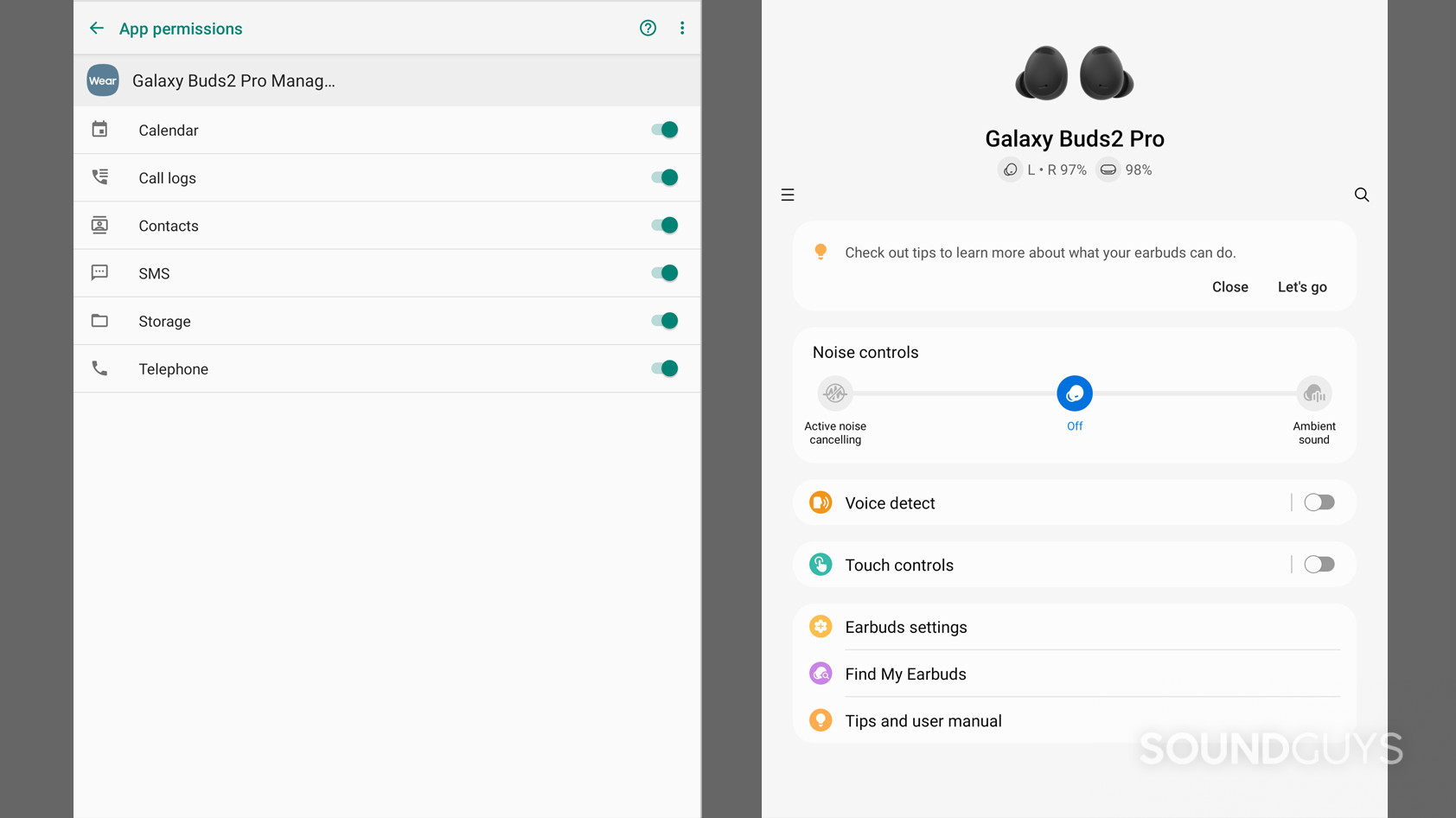 samsung-galaxy-buds-2-pro-app-screenshots-1 Two screenshots show the app permissions and main menu page on the Galaxy Wearable app for the Samsung Galaxy Buds 2 Pro.