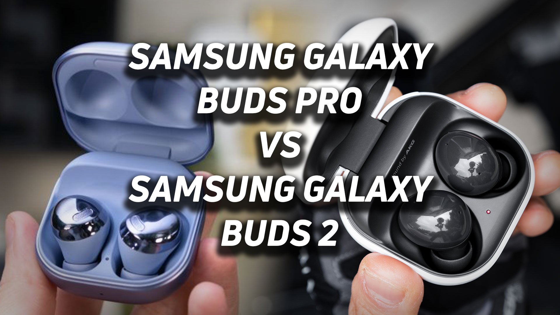 Samsung Galaxy Buds Pro vs Samsung Galaxy Buds 2 hero image A blended image of the Samsung Galaxy Buds Pro in lavender and the Samsung Galaxy Buds 2 in black.