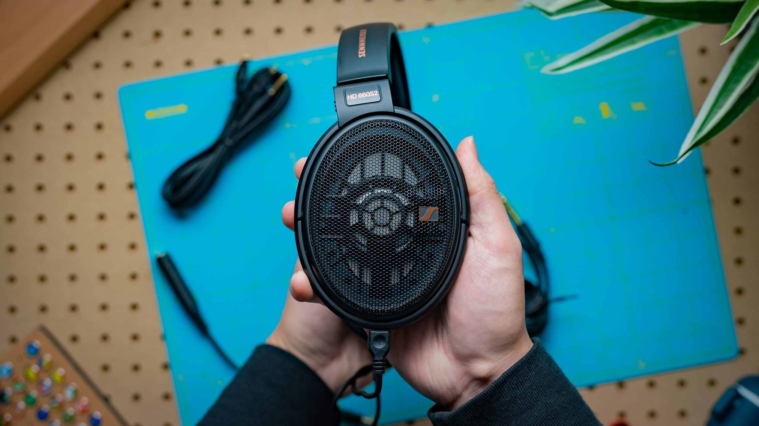 Sennheiser HD660S2 Closed back Image #1 A photo showing the open back of the Sennheiser HD 660S2 headphones, over a cyan and pegboard background.