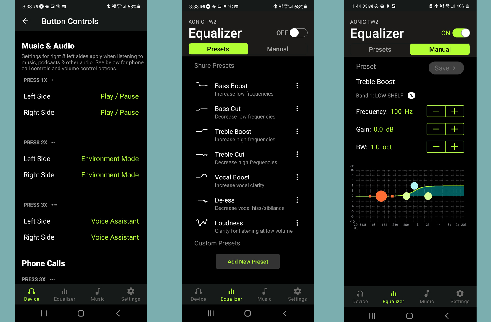 shure-aonic-215-gen-2-shureplus-play-app Three screenshots of the ShurePlus Play app that accompanies the AONIC 215 Gen 2 showing button assignment and EQ functions.