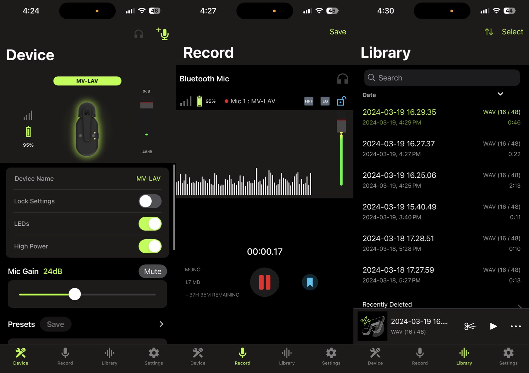 Shure Motive App screen shot Screen shot of the Shure MOTIV app showing microphone controls, recordings and library of files.