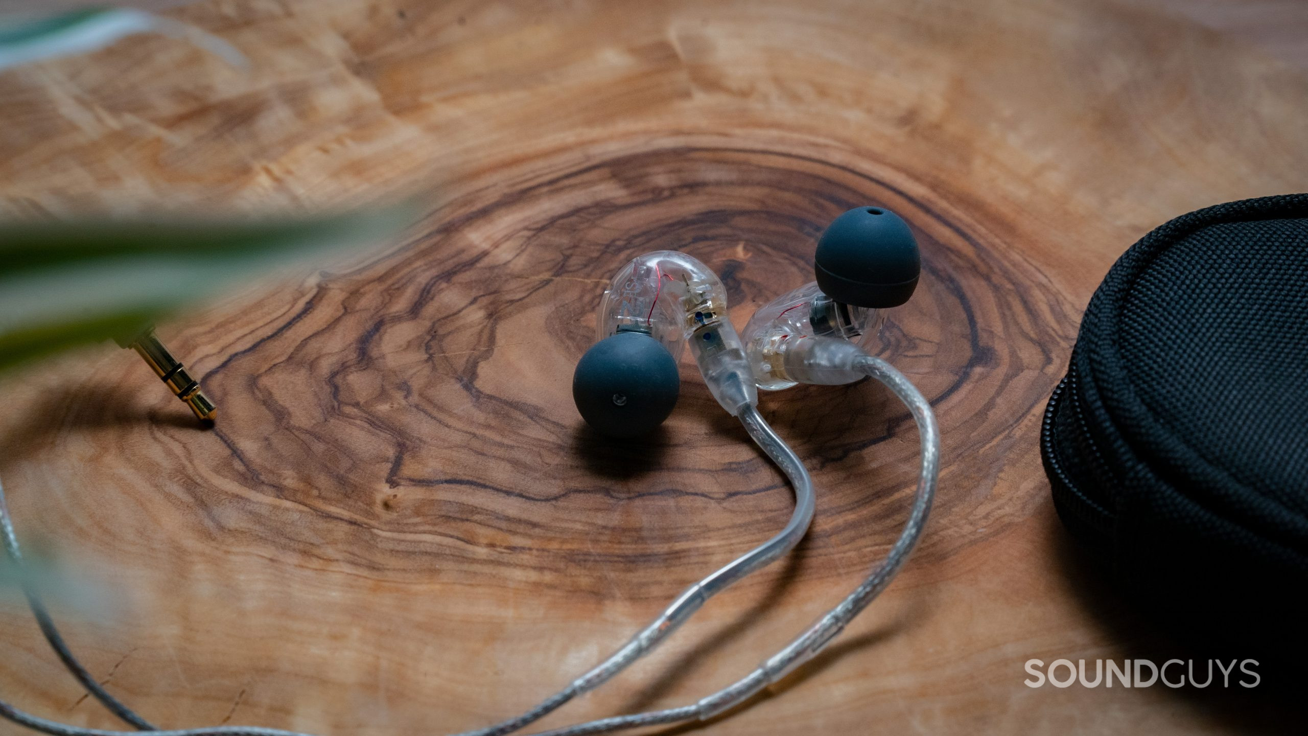 SHURE_SE215-#6 The Shure SE215 rests on a wood surface.