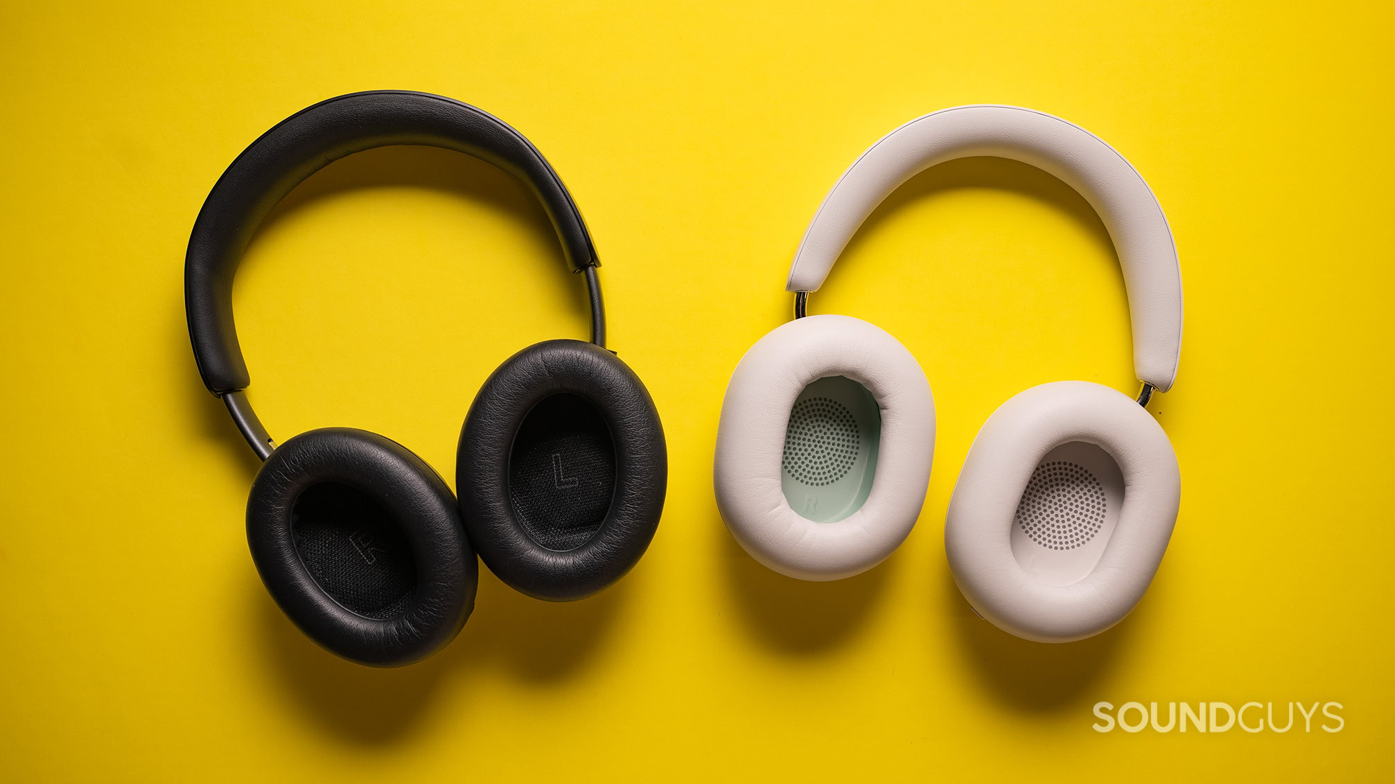 Sonos Ace vs Bose QuietComfort Ultra ear pads yellow background Sonos Ace next to Bose QuietComfort Ultra Headphones on a yellow table.