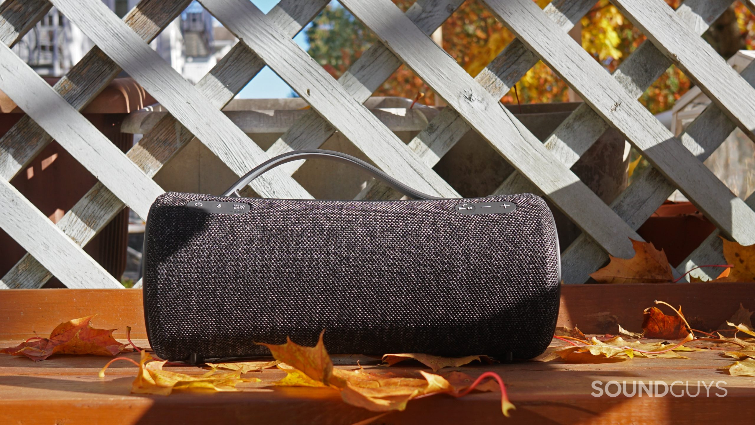 Sony-SRS-XG300-outdoor-shot The Sony SRS-XG300 sits on a wooden surface surrounded by an autumnal spread of fallen leaves.