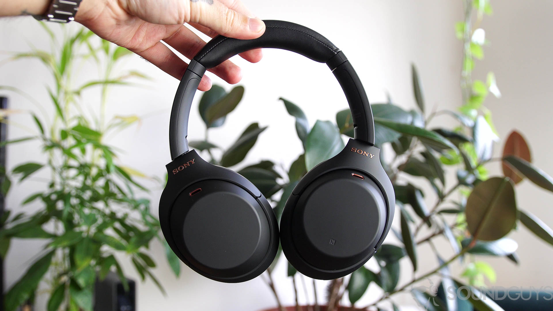Sony WH-1000XM4 slimmer headband Man holding Sony WH-1000XM4 headphones in front of green plants