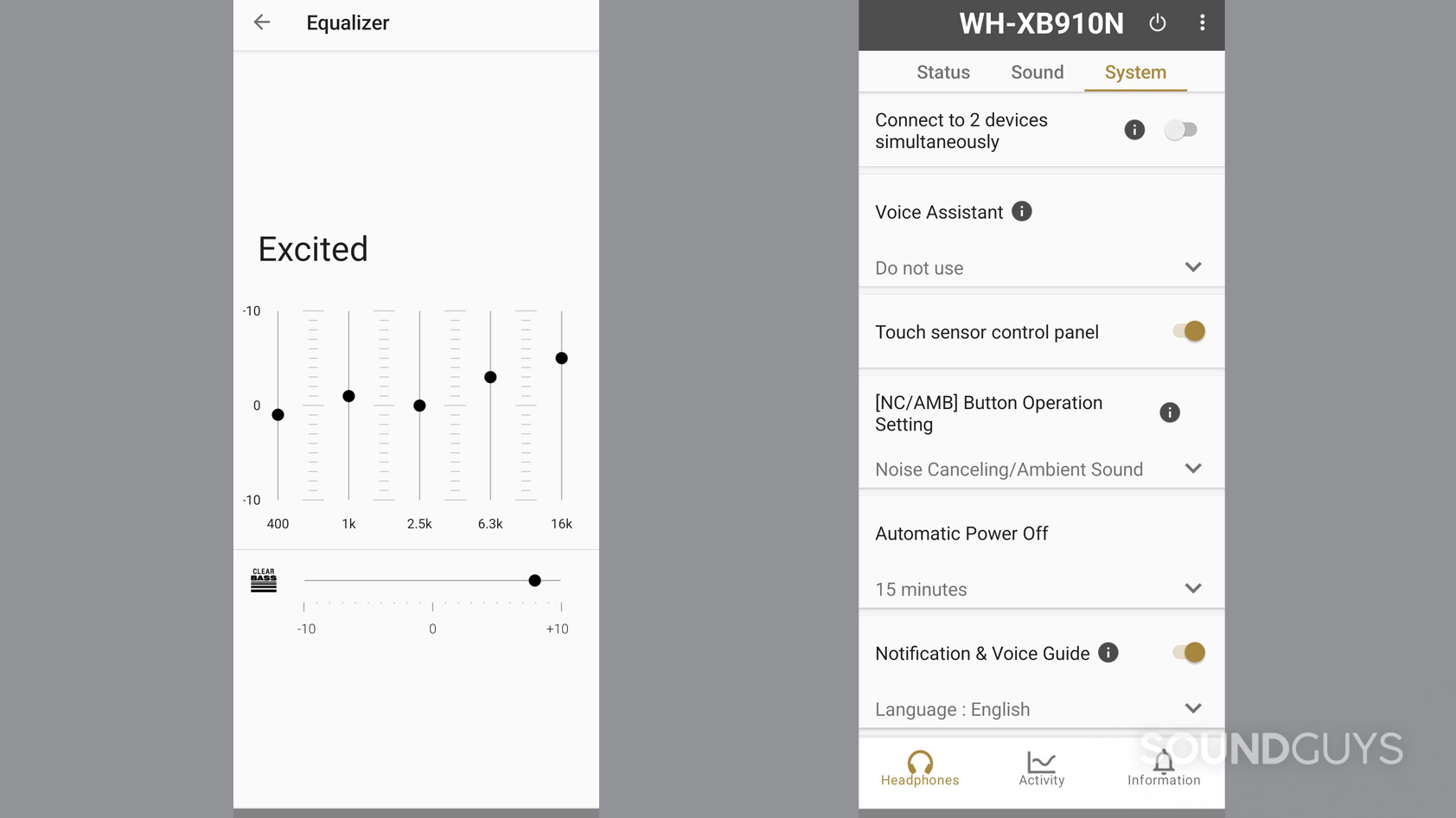 sony-wh-xb910n-equalizer-setting two screenshots show an EQ preset and some system settings you can change for the Sony WH-XB910N.