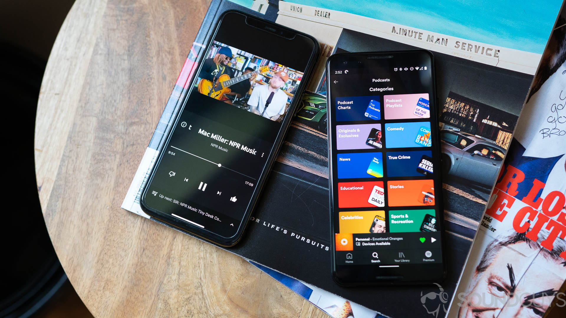 Spotify vs YouTube Music interfaces Pictured is an iPhone 11 Pro running YouTube Music next to a Pixel 3 running Spotify.
