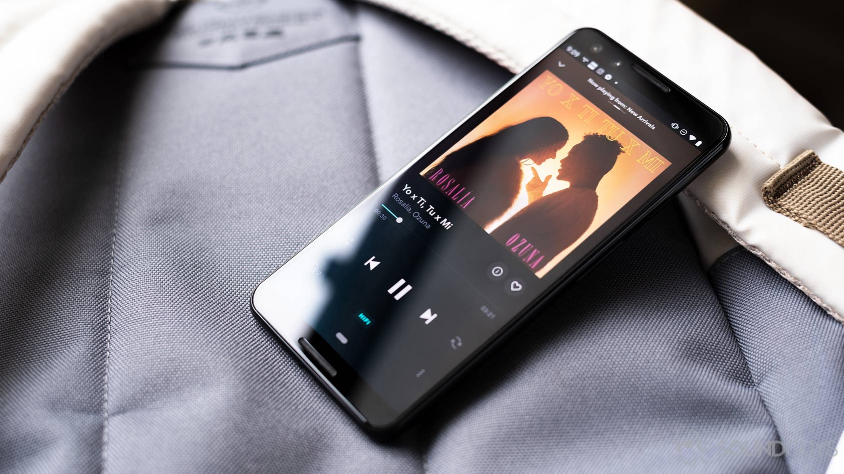 Tidal-2_mobile app Google Pixel 3 Tidal HiFi mobile app on a Google Pixel 3, which is resting on the underside of a backpack.