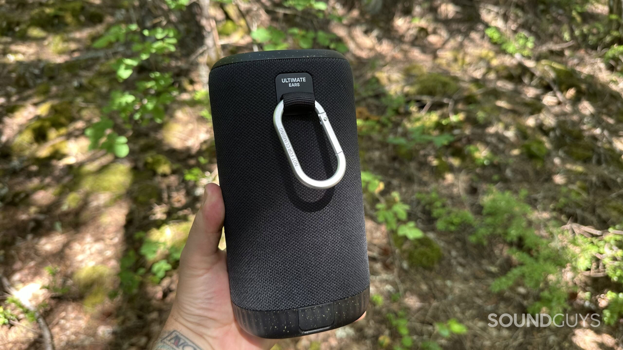 UE Everboom backside A photo showing the backside of a UE Everboom speaker, including it's carabiner for placement options.